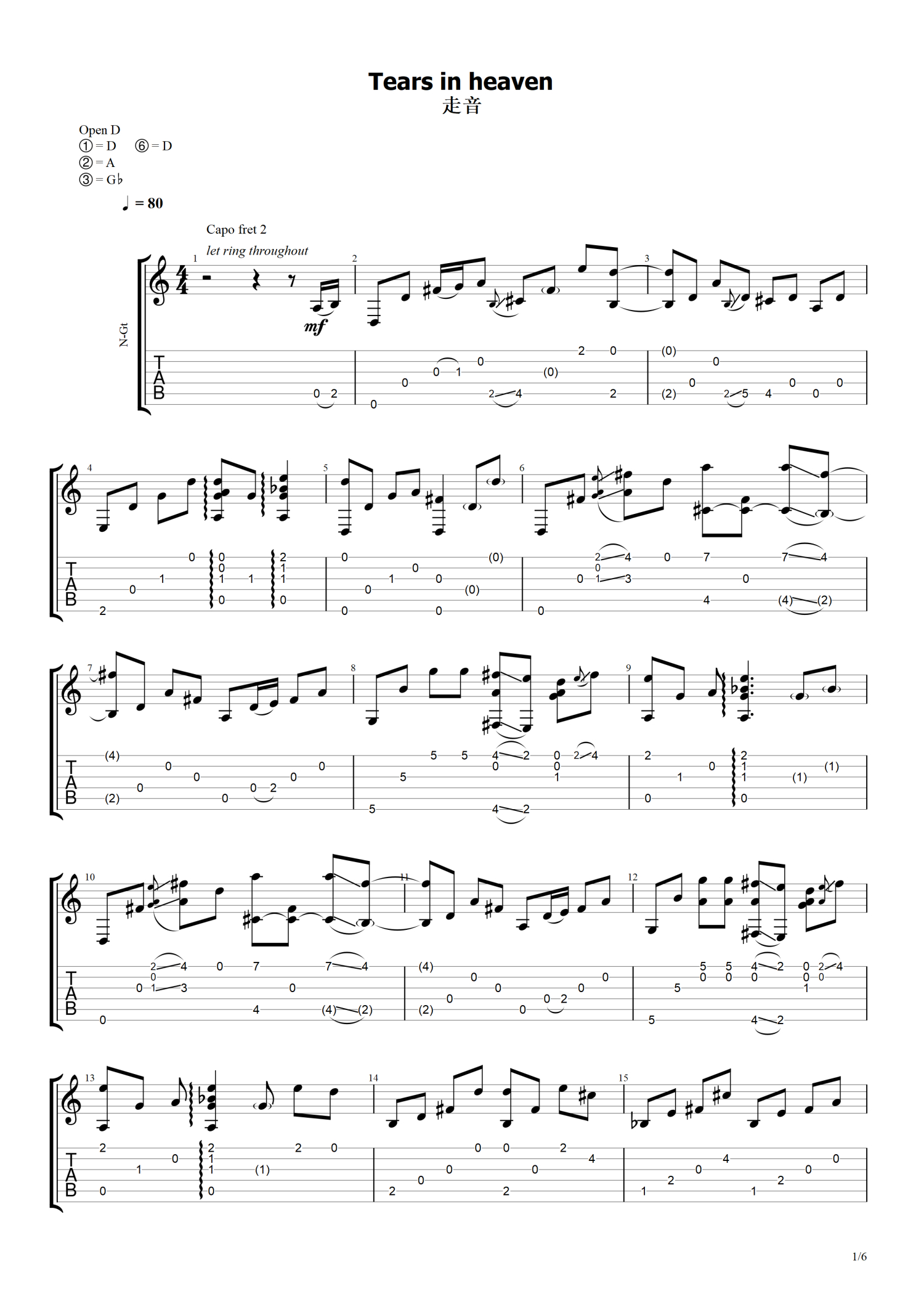 走音《Tears in heaven》吉他谱_吉他独奏谱第1张