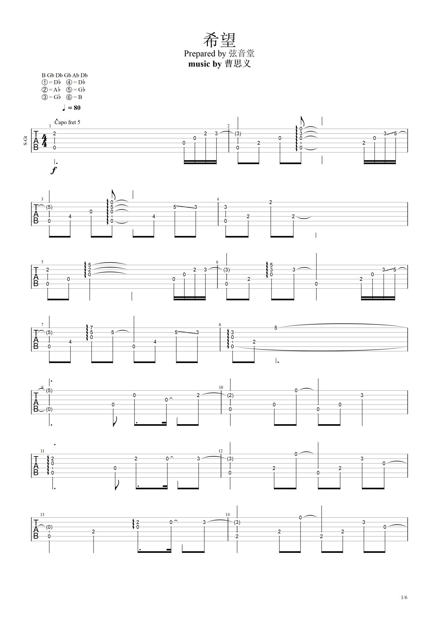 曹思义《希望》吉他谱_吉他独奏谱第1张