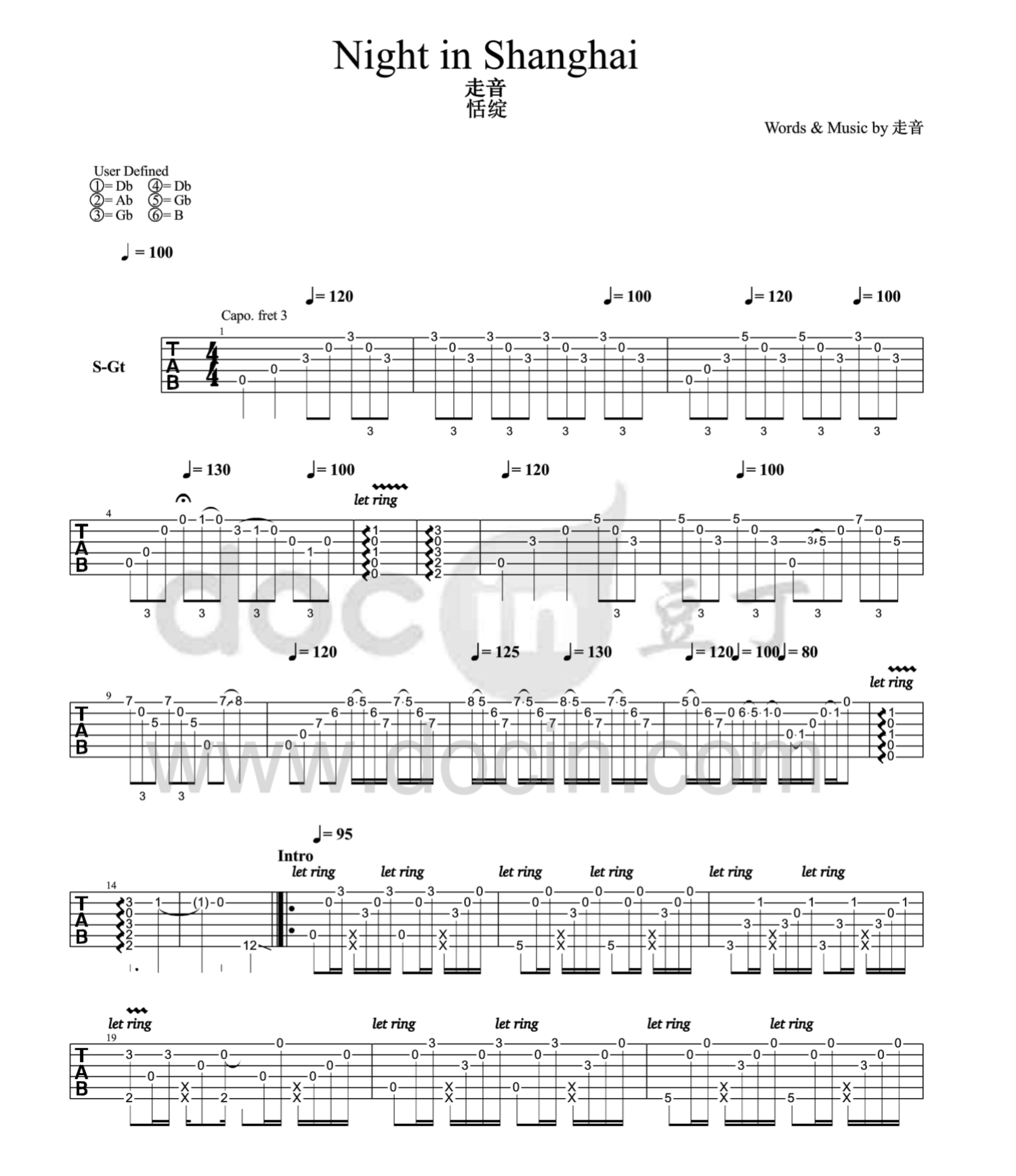 走音《night in shanghai》吉他谱_吉他独奏谱第1张