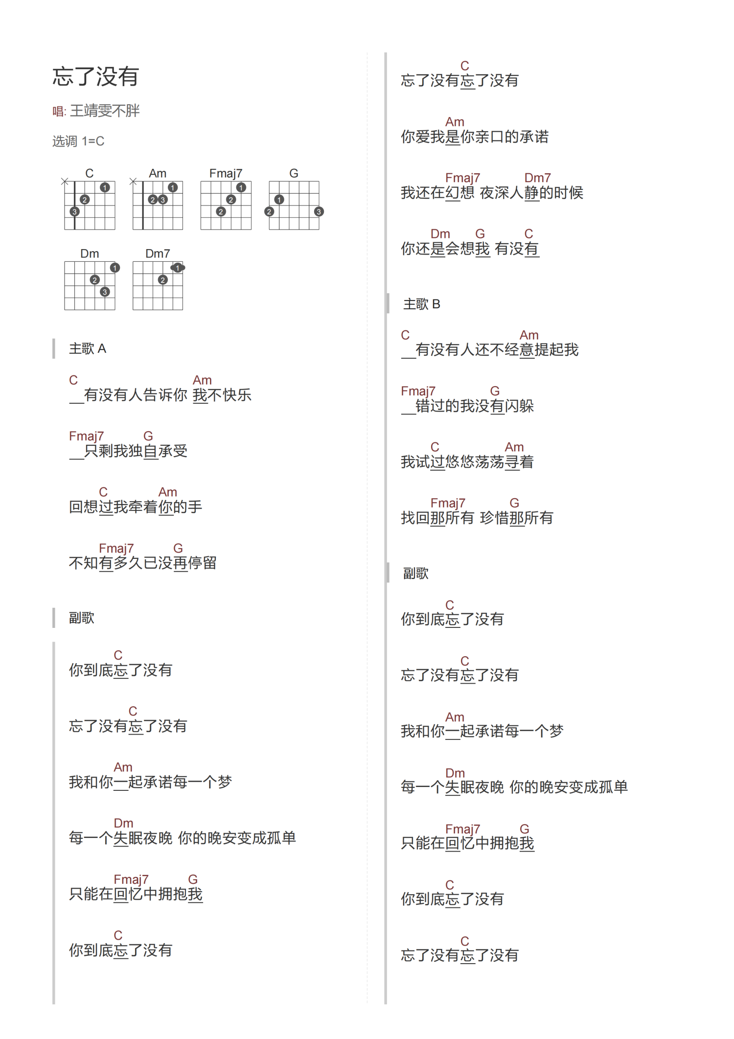 王靖雯不胖《忘了没有》吉他谱_C调吉他弹唱谱_和弦谱第1张