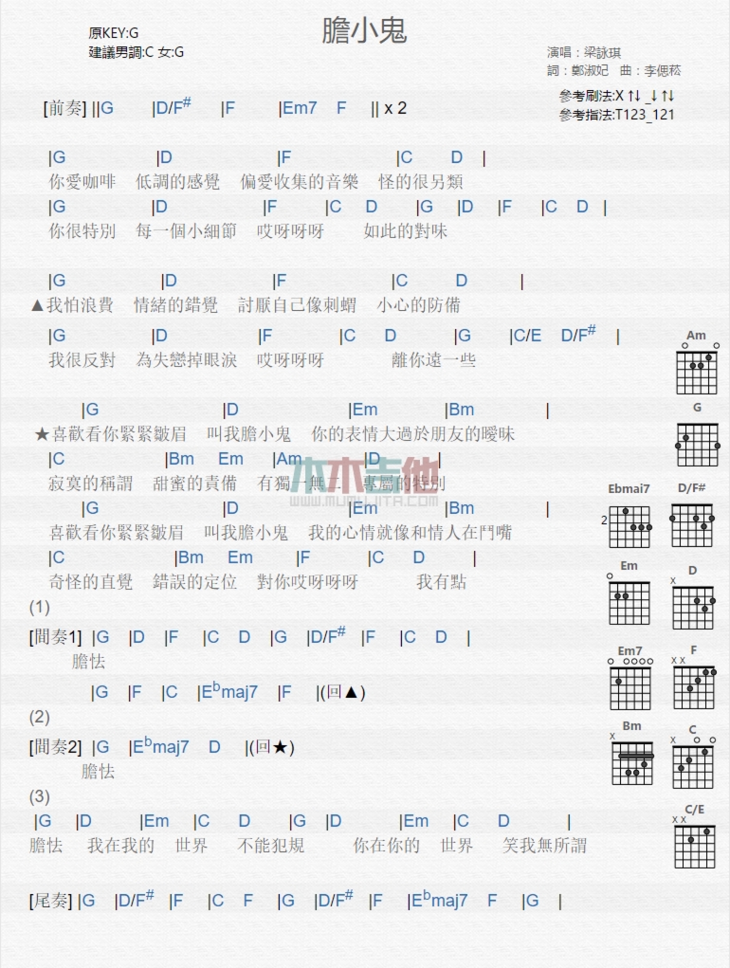 梁咏琪《胆小鬼》吉他谱_吉他弹唱谱第1张