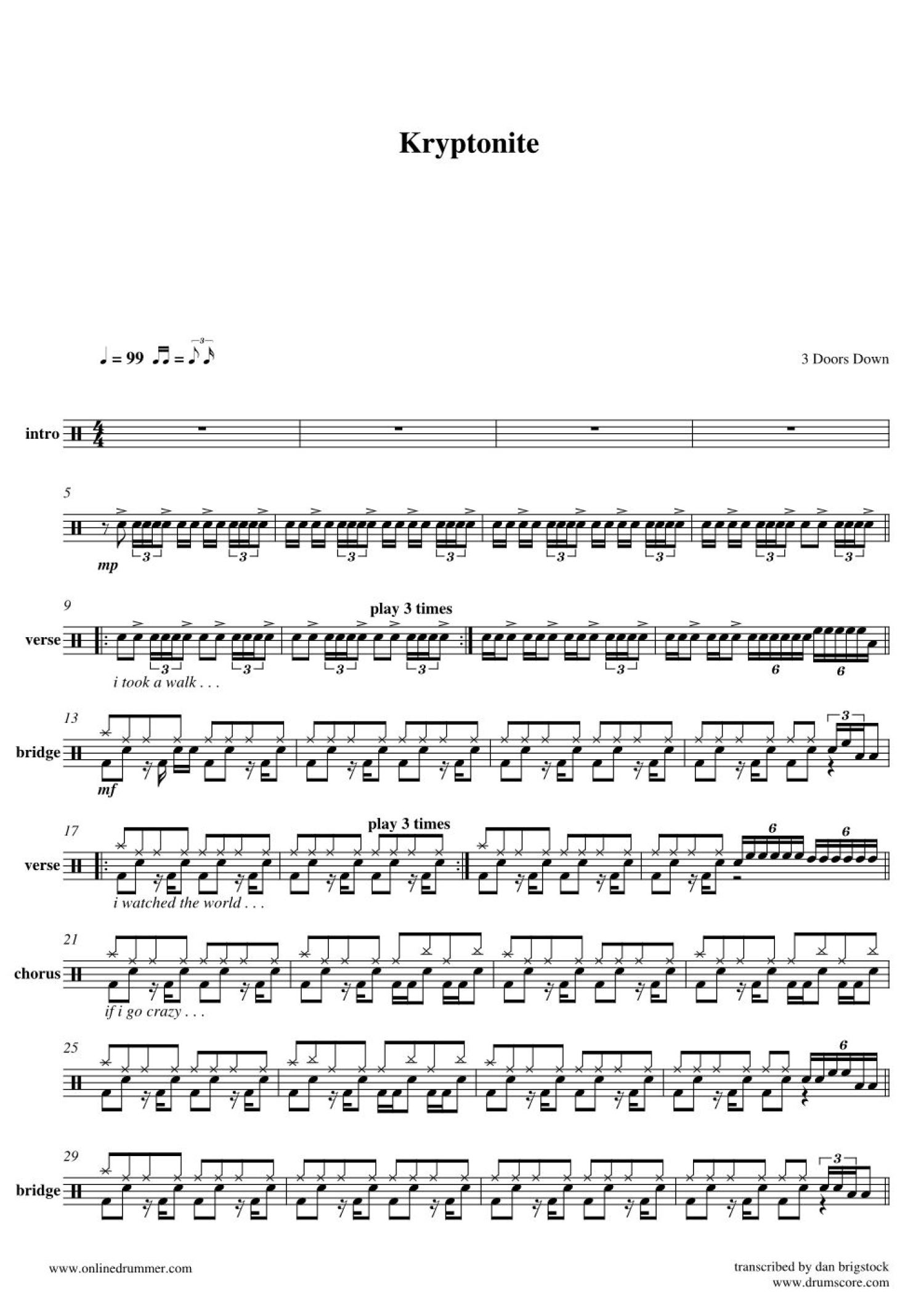 3 Doors Down《Kryptonite》鼓谱_架子鼓谱第1张