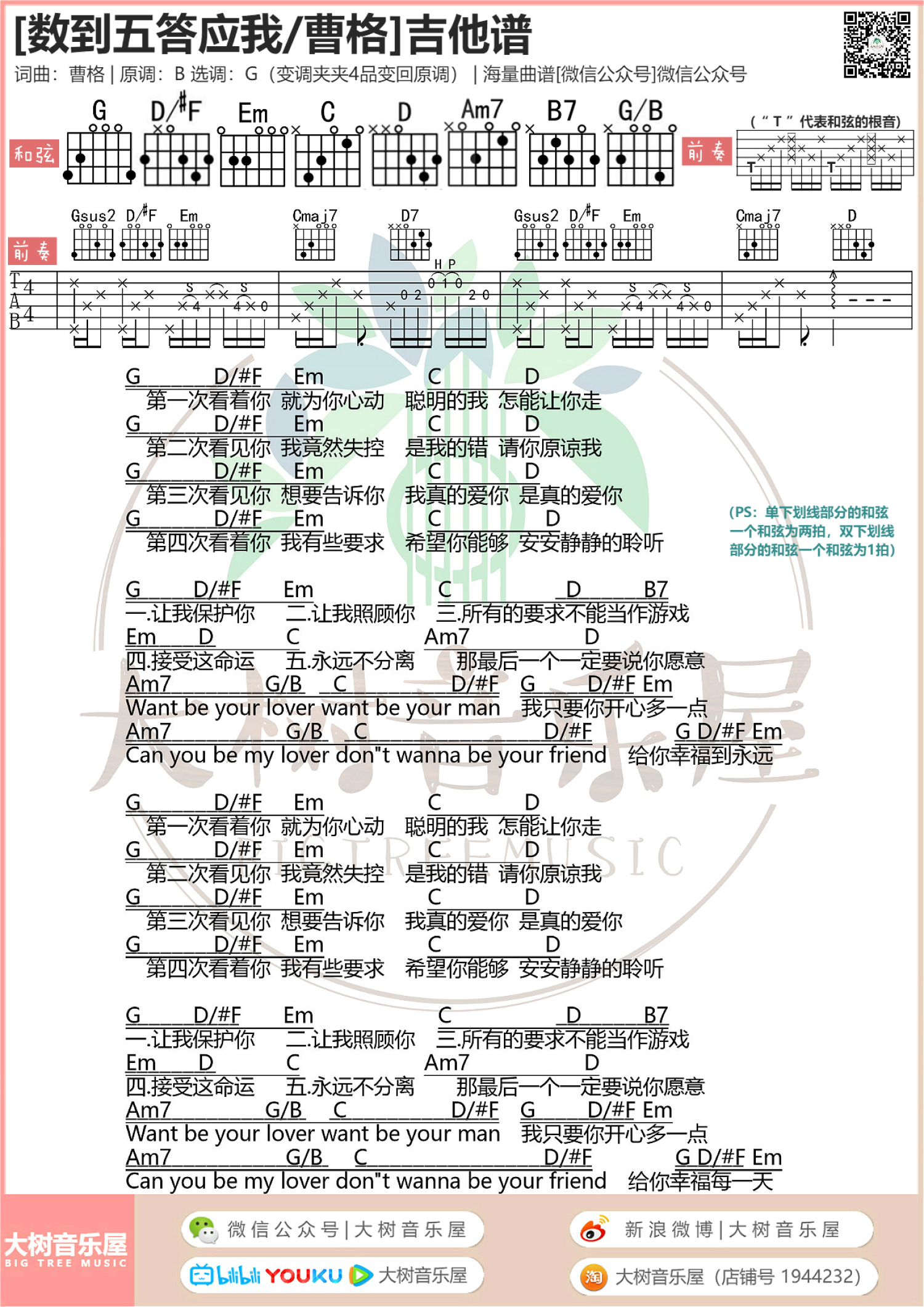 曹格《数到五答应我》吉他谱_G调吉他弹唱谱_和弦谱第1张