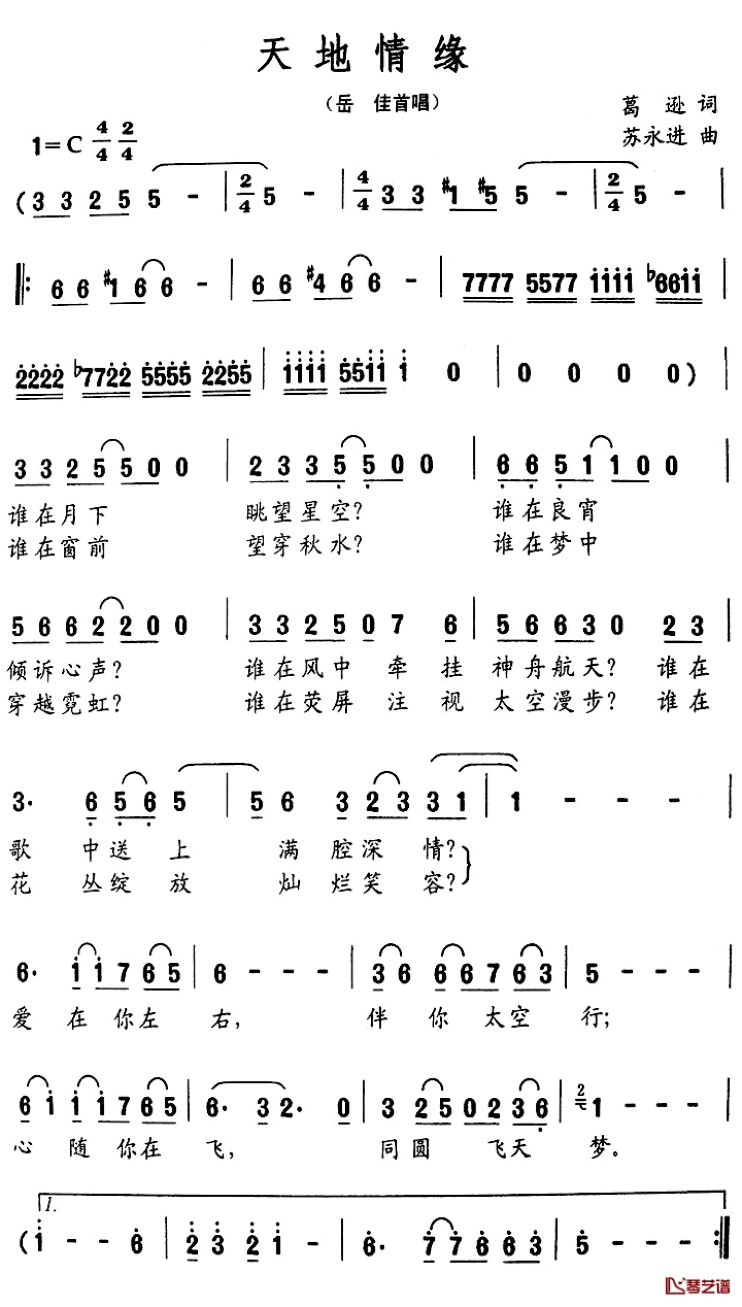 岳佳《天地情缘》歌词_简谱第1张