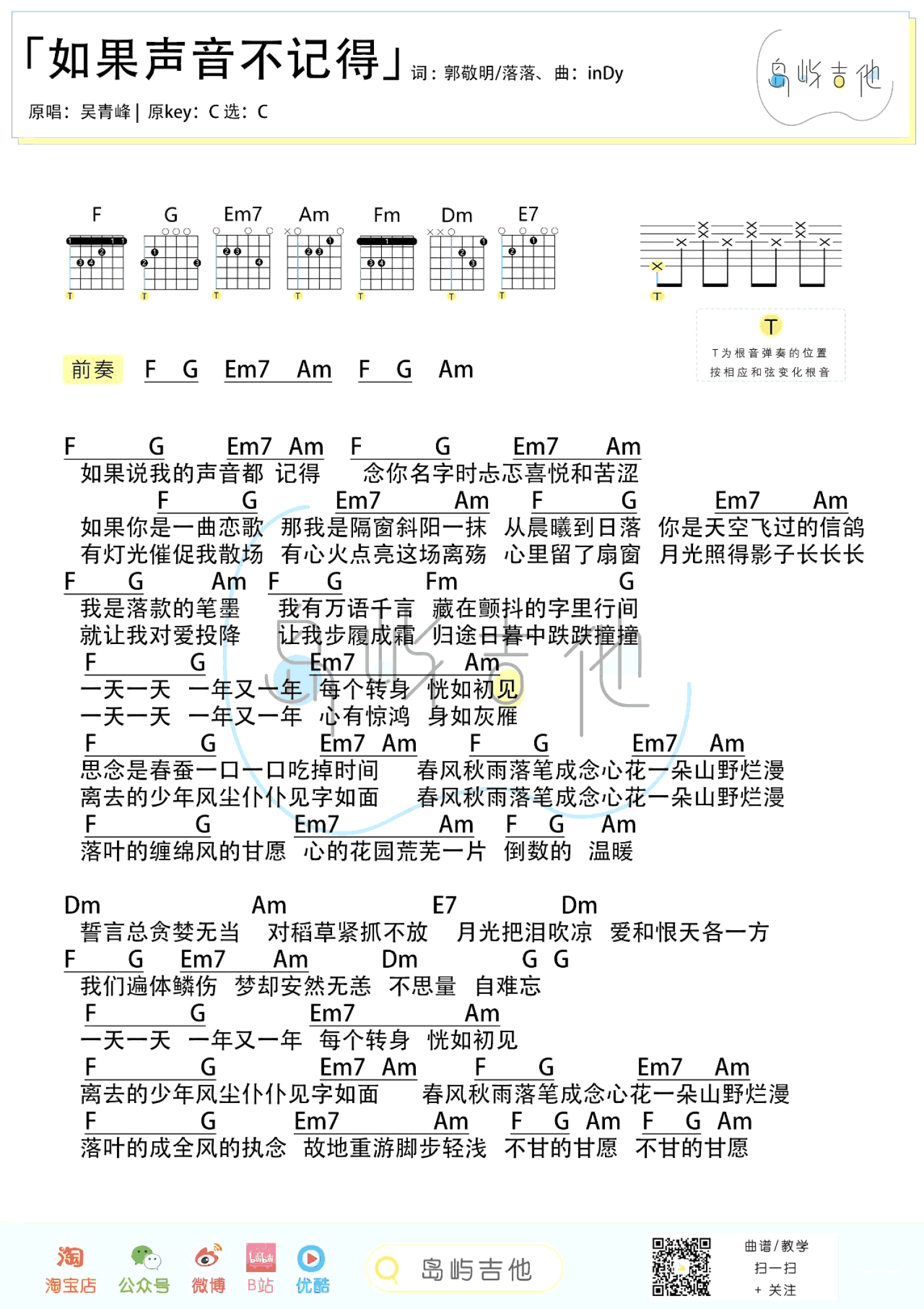 吴青峰《如果声音不记得》吉他谱_C调吉他弹唱谱_和弦谱第1张