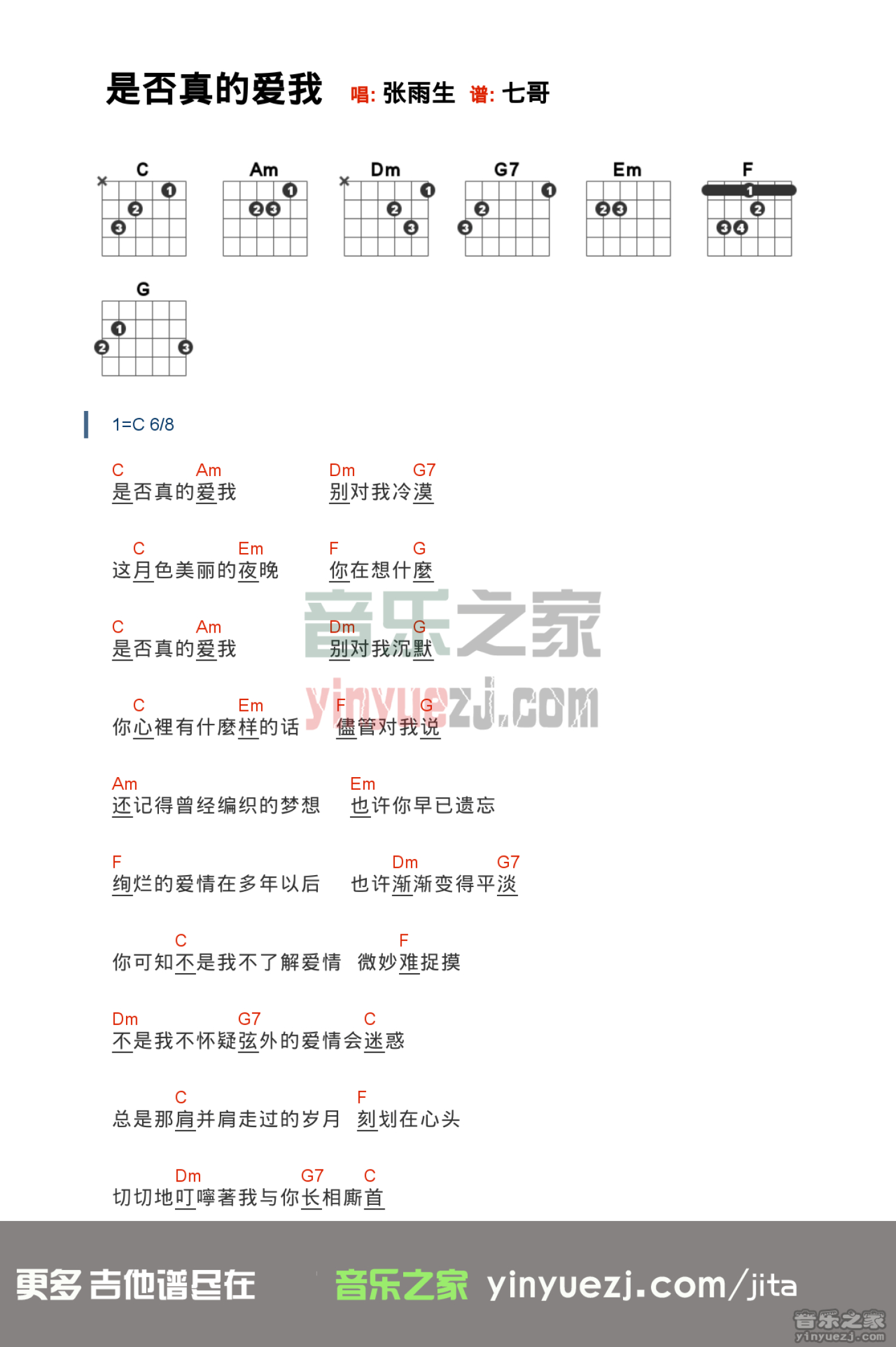 张雨生《是否真的爱我》吉他谱_C调吉他弹唱谱_和弦谱第1张