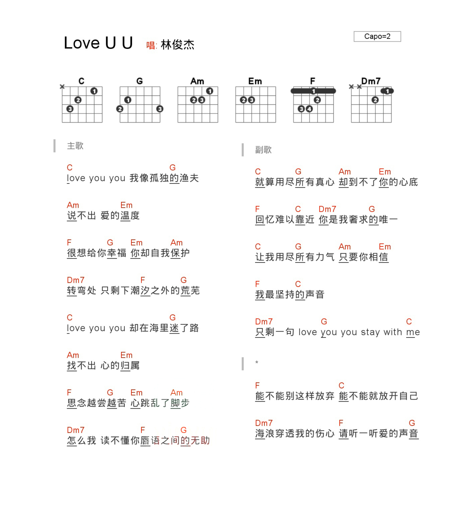 林俊杰《love u u》吉他谱_吉他弹唱谱_和弦谱第1张