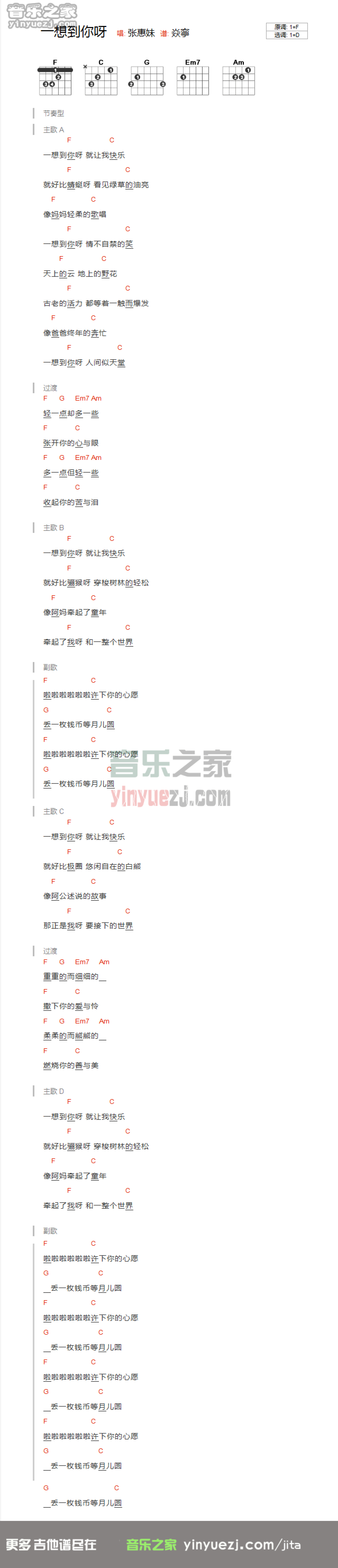 张惠妹《一想到你呀》吉他谱_D调吉他弹唱谱_和弦谱第1张