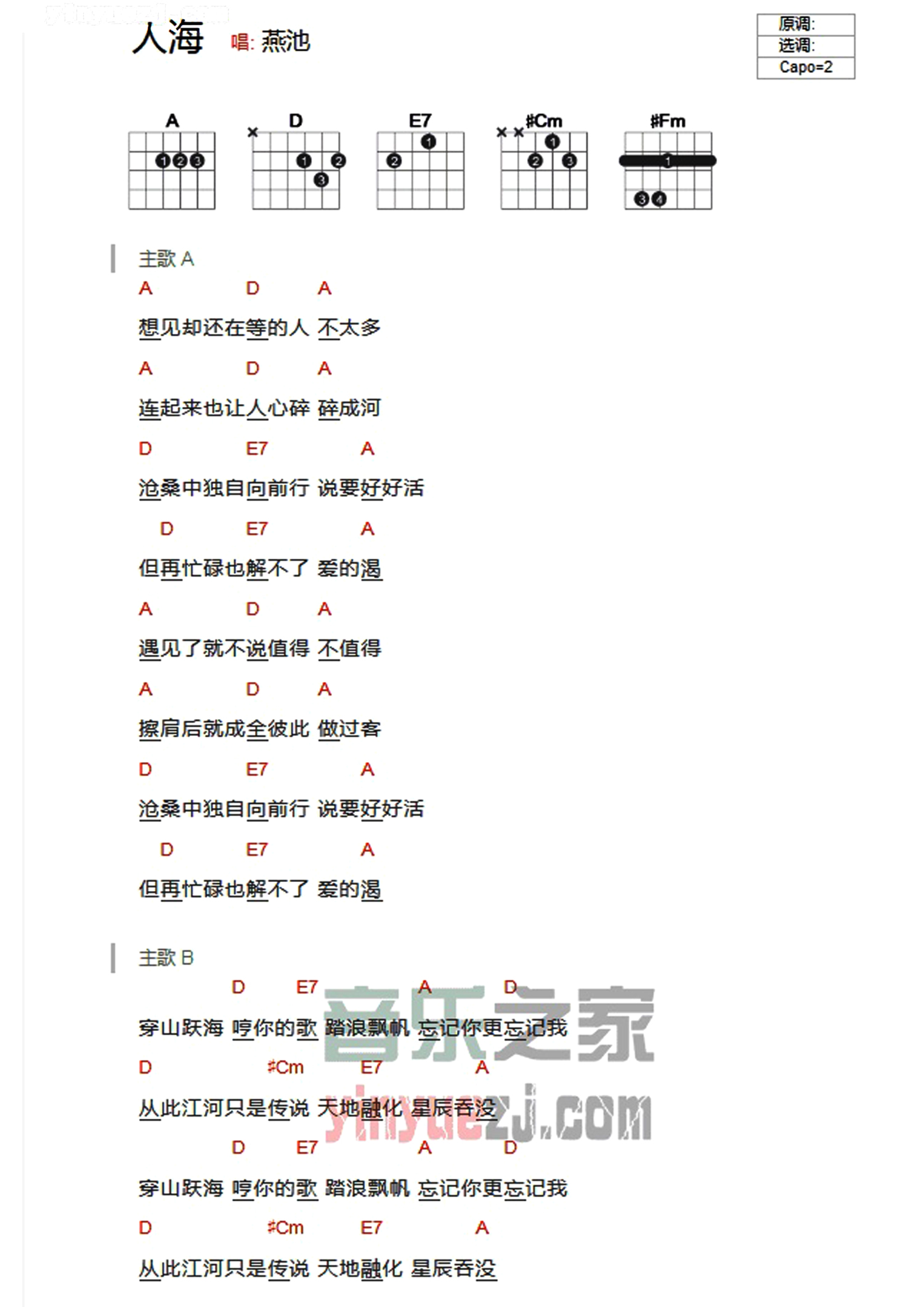 燕池《人海》吉他谱_吉他弹唱谱_和弦谱第1张