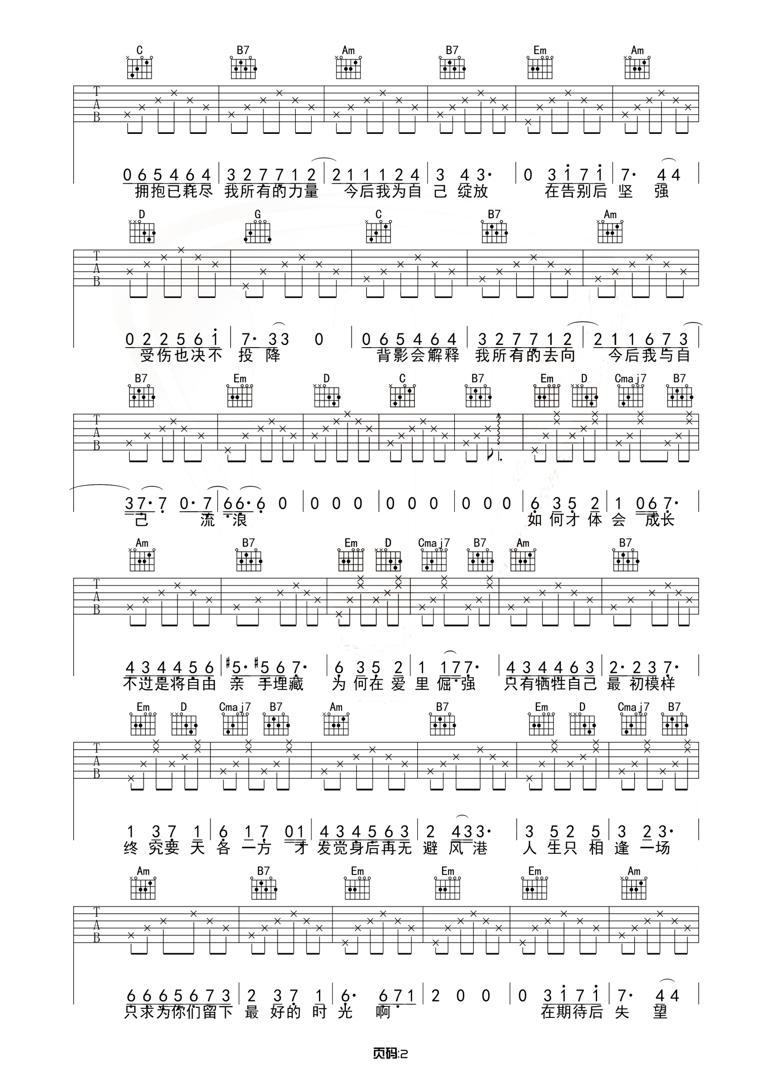 张碧晨《今后我与自己流浪》吉他谱_G调吉他弹唱谱第2张