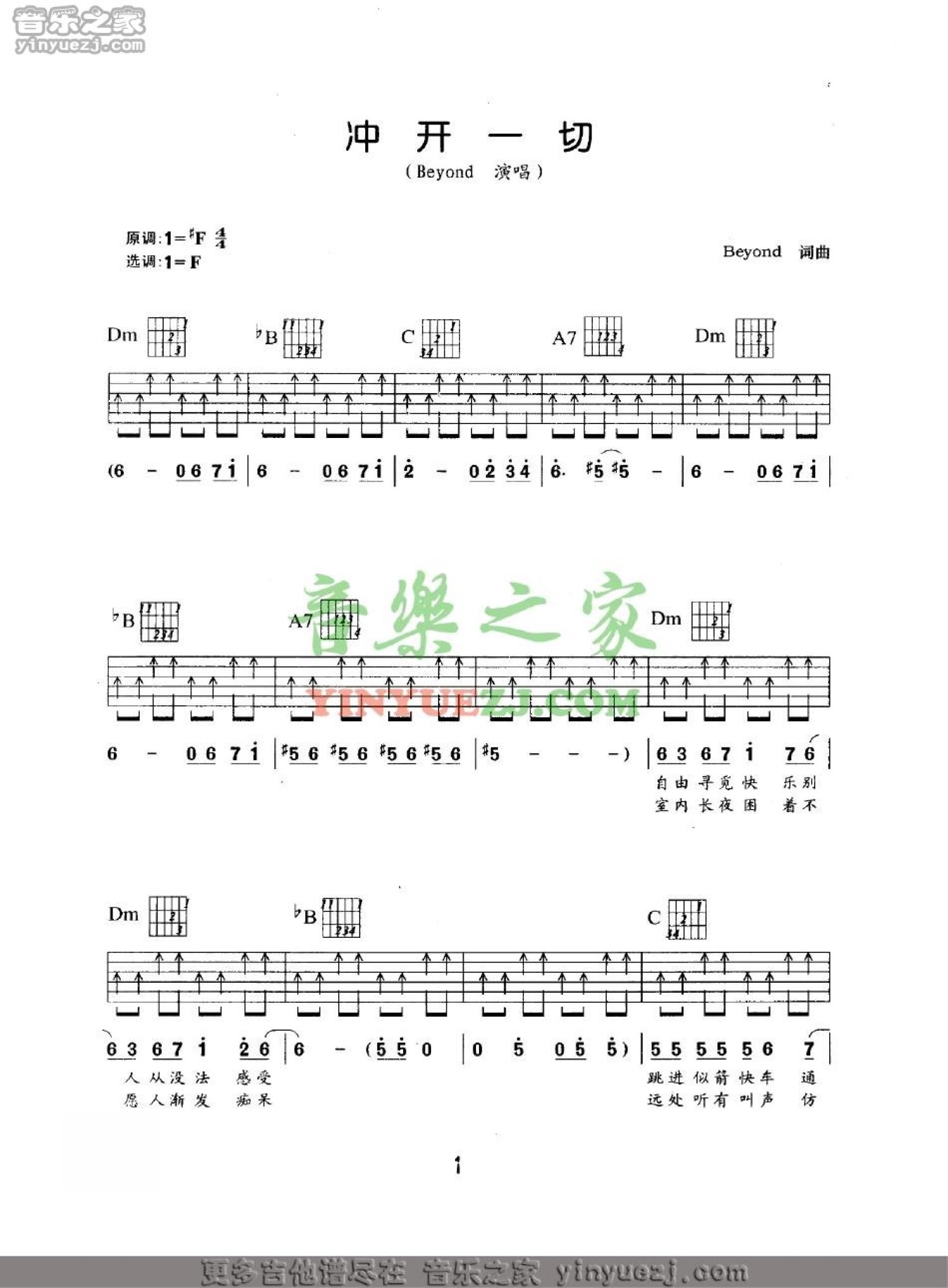 Beyond《冲开一切》吉他谱_F调吉他弹唱谱第1张