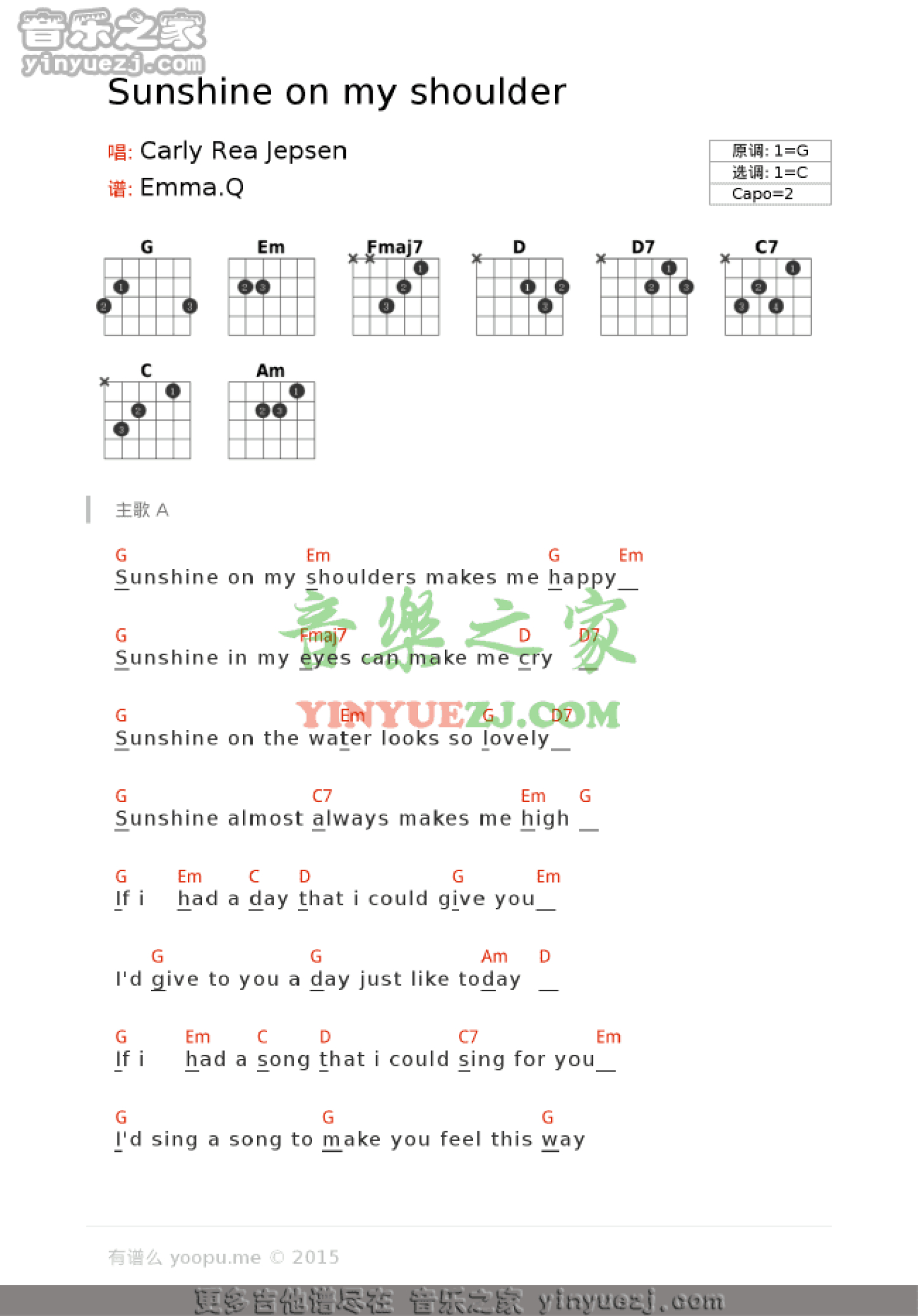 John Denver《sunshine on my shoulders》吉他谱_C调吉他弹唱谱_和弦谱第1张