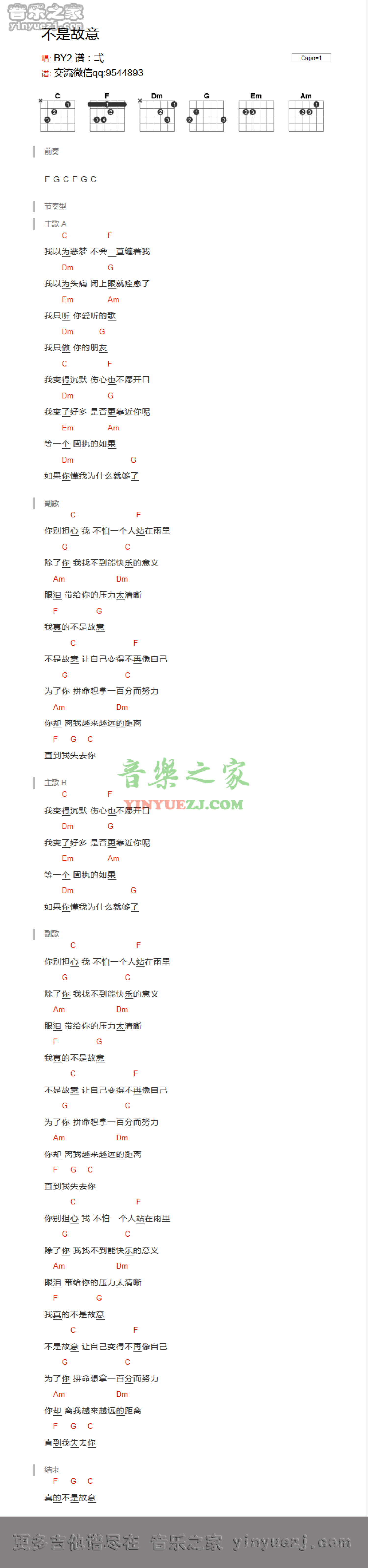 By2《一不是故意》吉他谱_吉他弹唱谱_和弦谱第1张