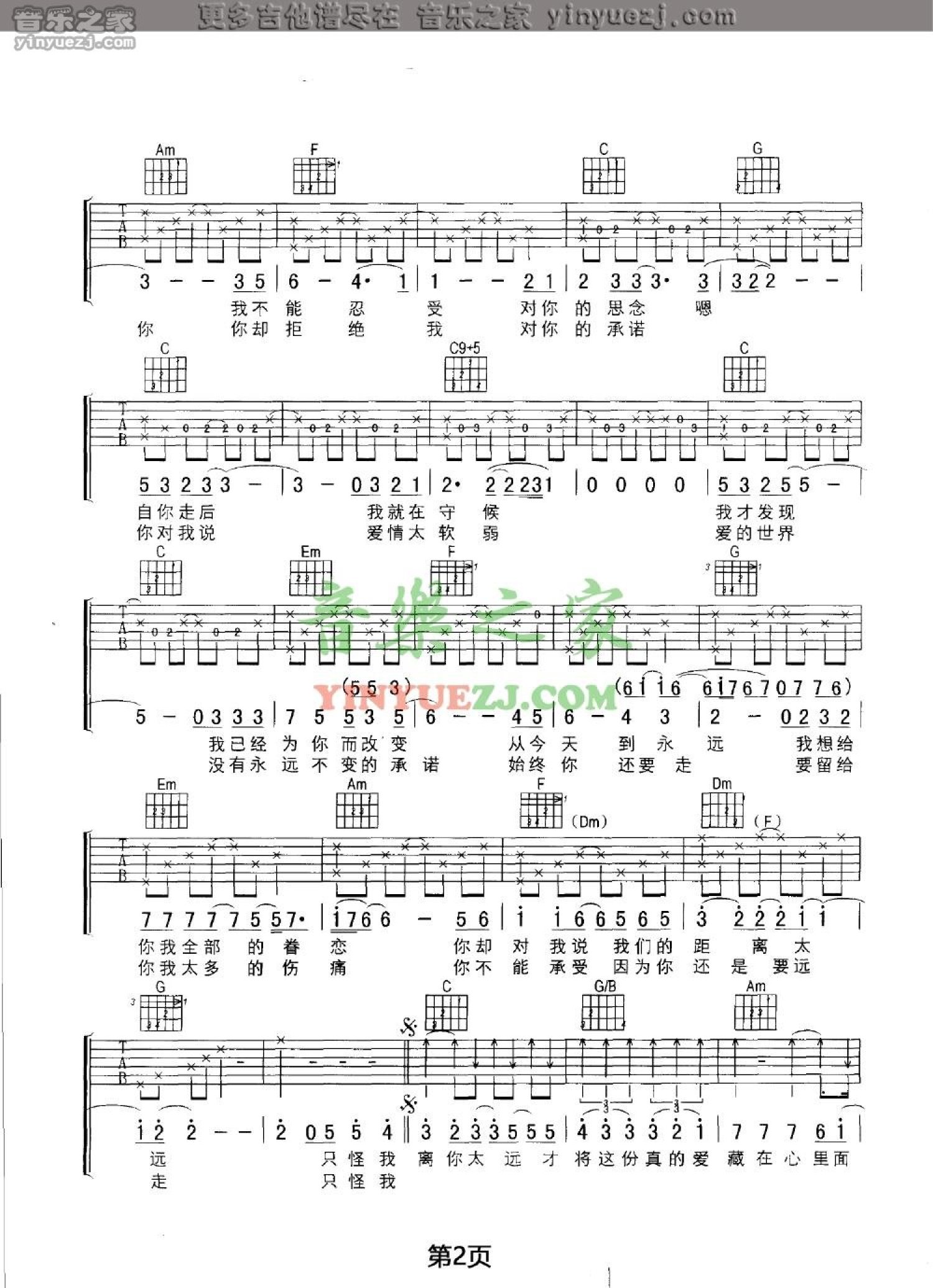 张敬轩《太远》吉他谱_C调吉他弹唱谱第2张