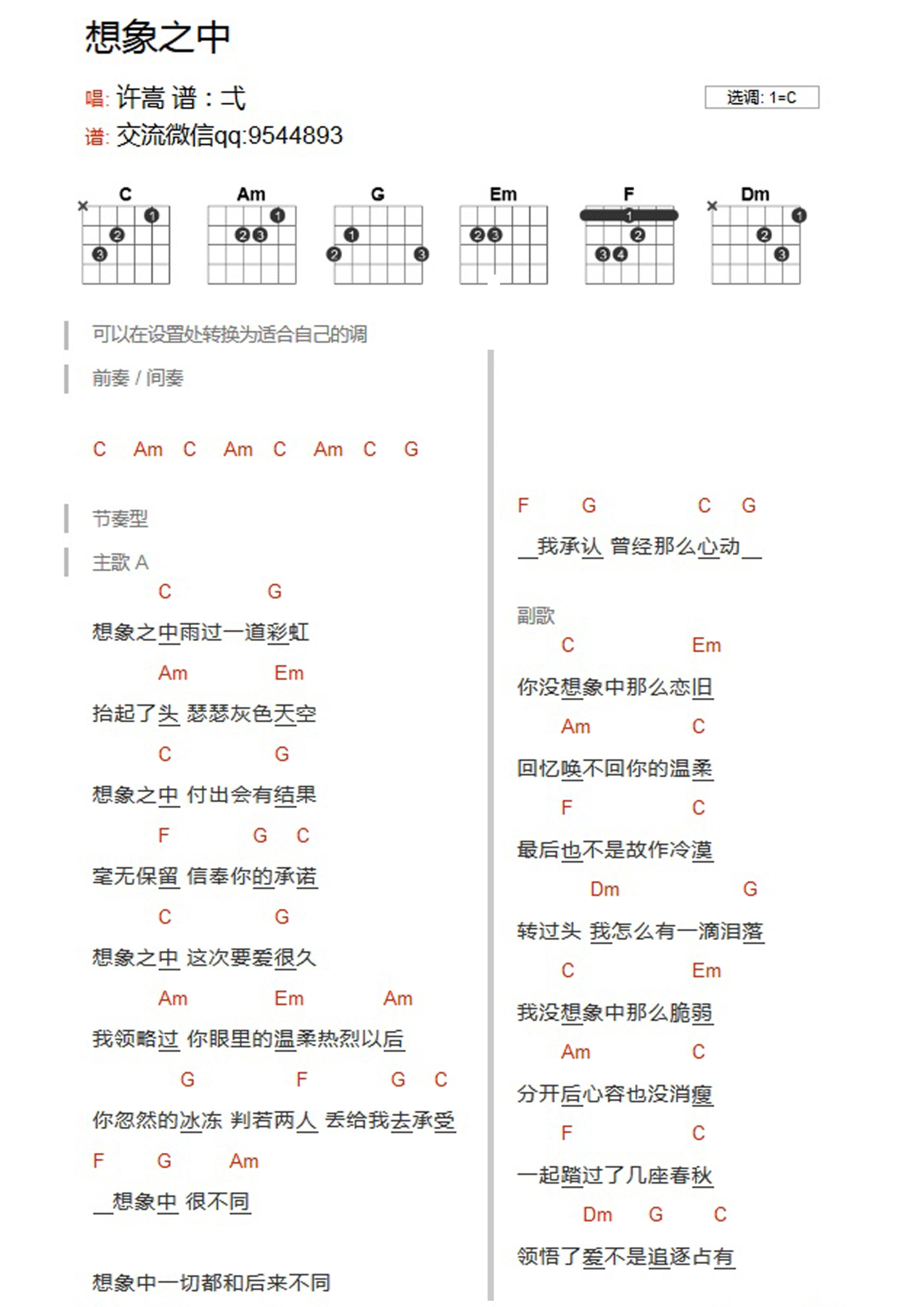 许嵩《想象之中》吉他谱_C调吉他弹唱谱_和弦谱第1张