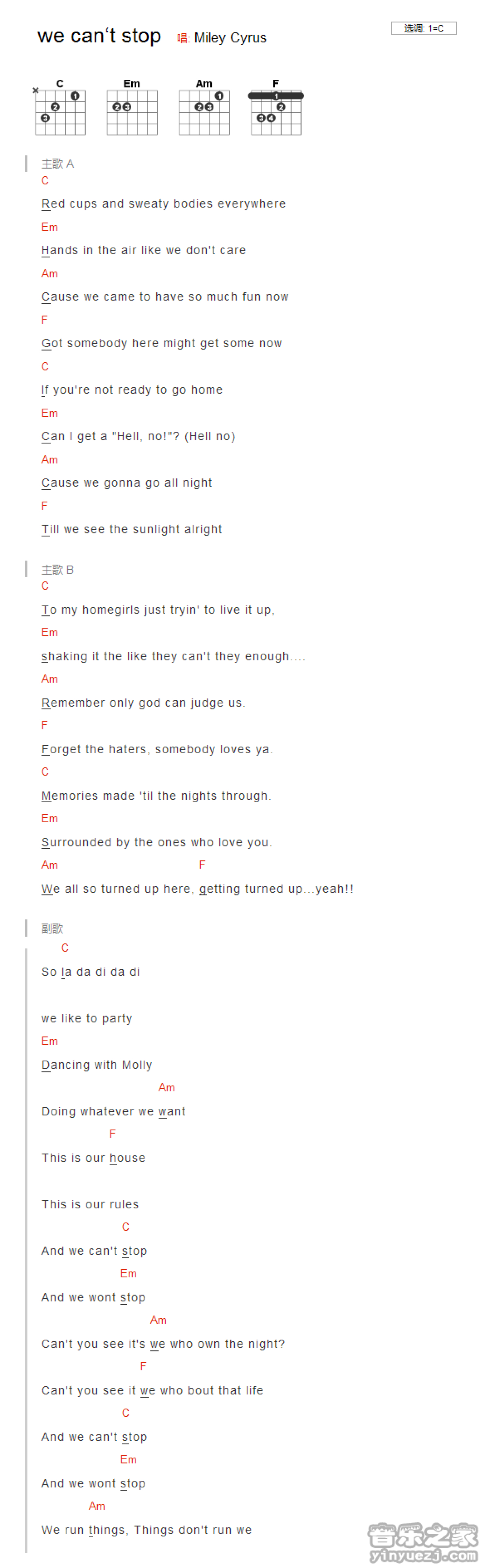 《we can't stop》吉他谱_C调吉他弹唱谱_和弦谱第1张