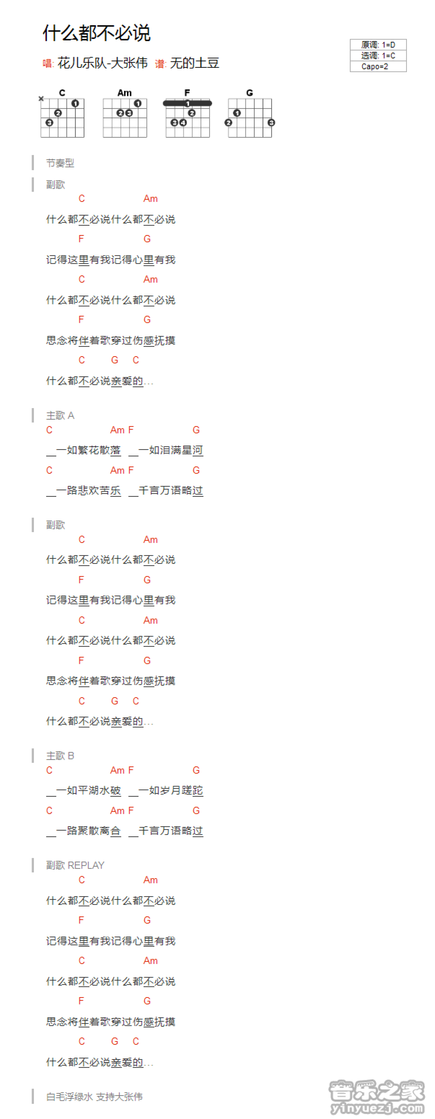大张伟《什么都不必说》吉他谱_C调吉他弹唱谱_和弦谱第1张