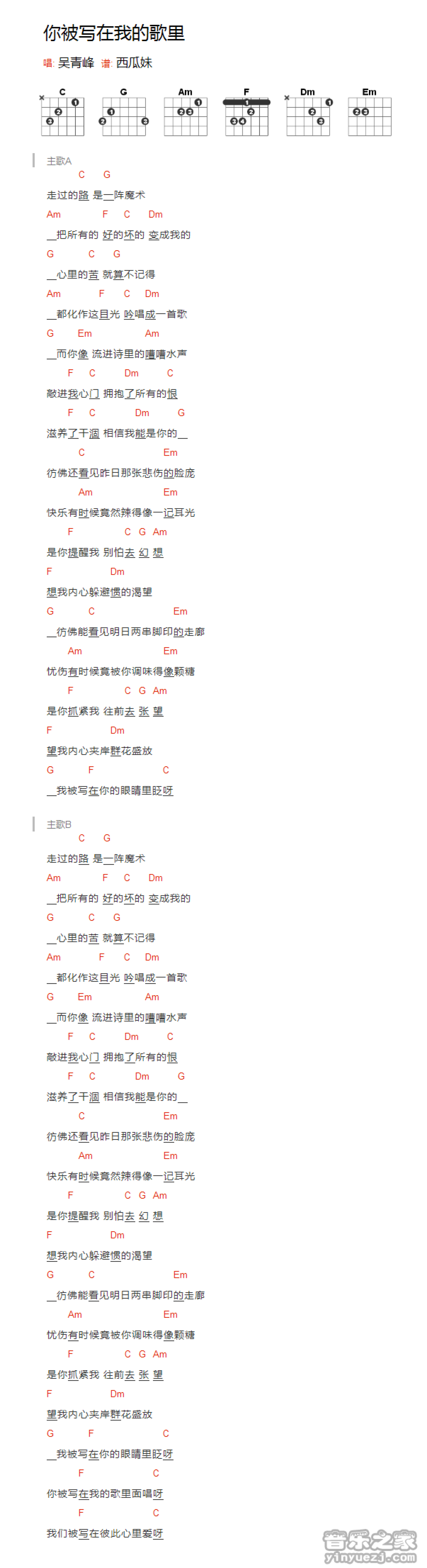 吴青峰《你被写在我歌里》吉他谱_C调吉他弹唱谱_和弦谱第1张