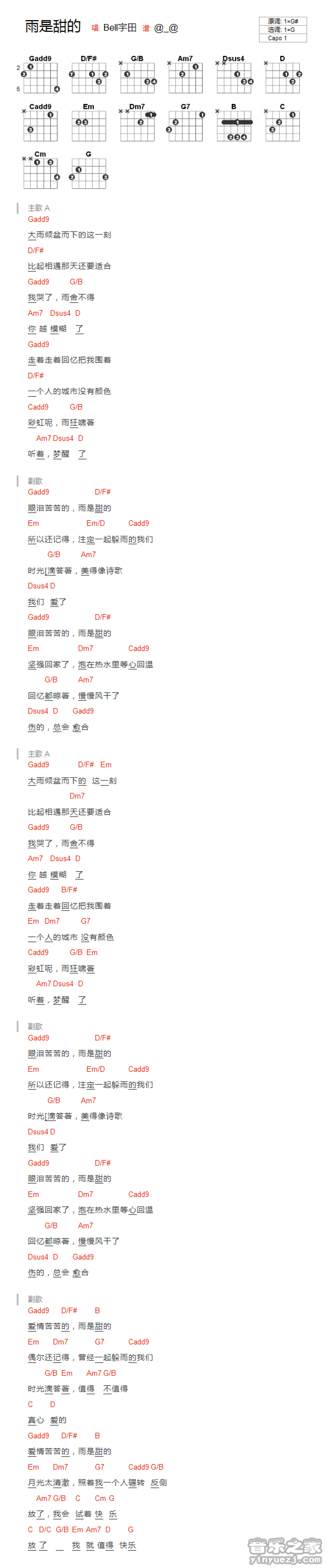 Bell宇田《雨是甜的》吉他谱_G调吉他弹唱谱_和弦谱第1张