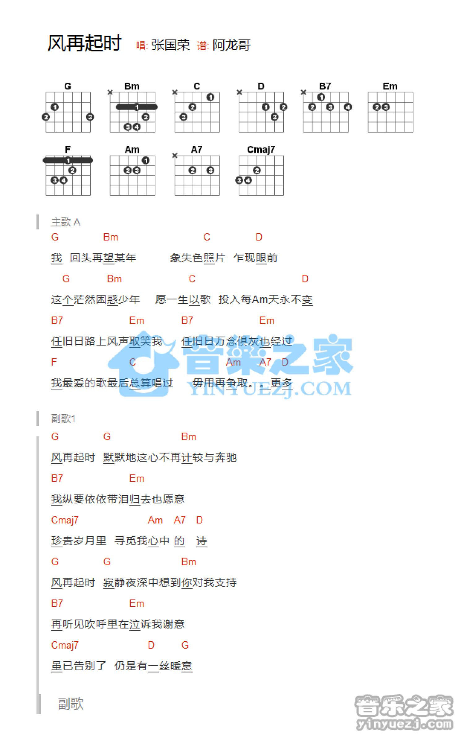 张国荣《风再起时》吉他谱_G调吉他弹唱谱_和弦谱第1张