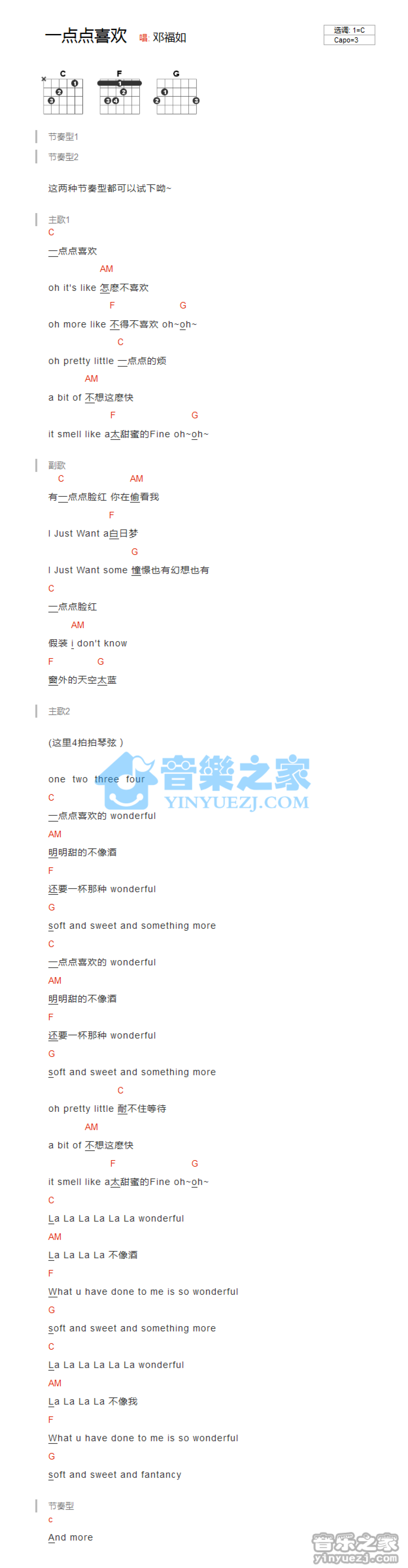 邓福如《一点点喜欢》吉他谱_C调吉他弹唱谱_和弦谱第1张