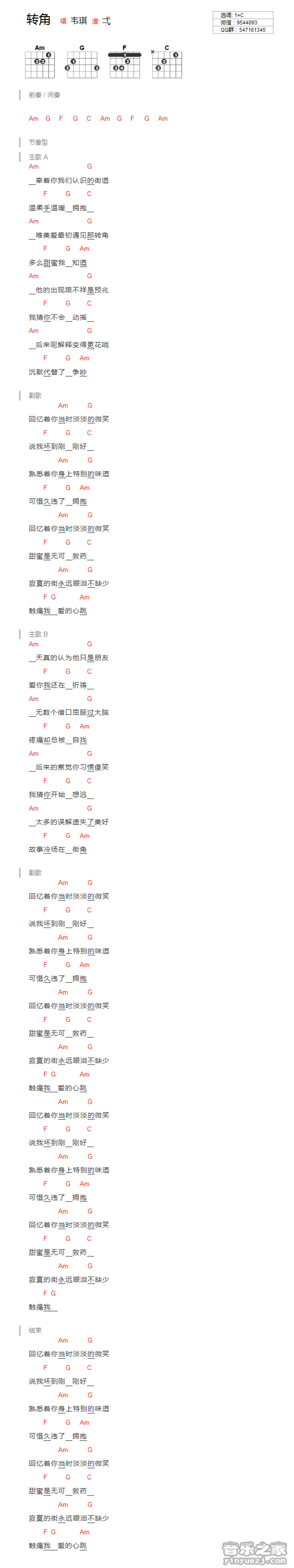 韦琪《转角》吉他谱_C调吉他弹唱谱_和弦谱第1张