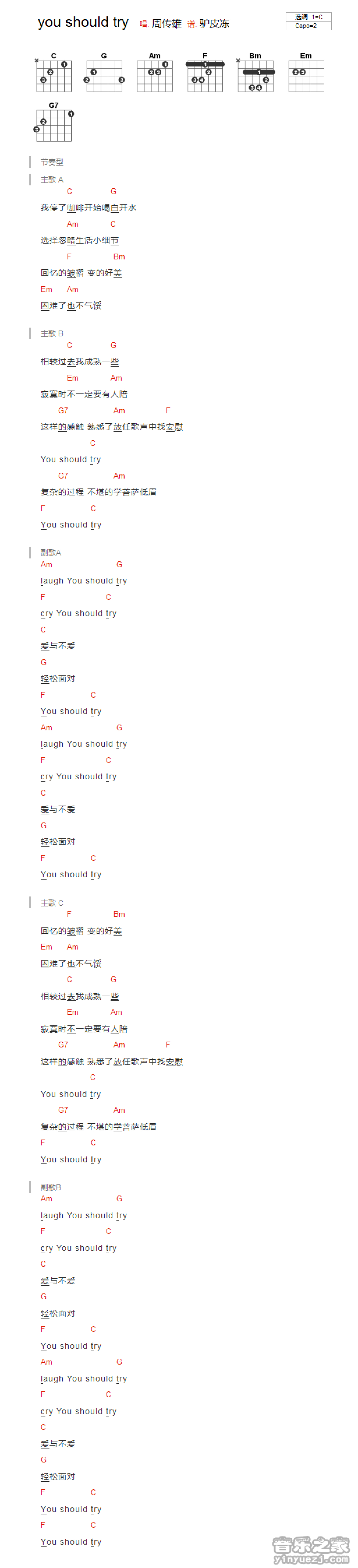 周传雄《you should try》吉他谱_C调吉他弹唱谱_和弦谱第1张