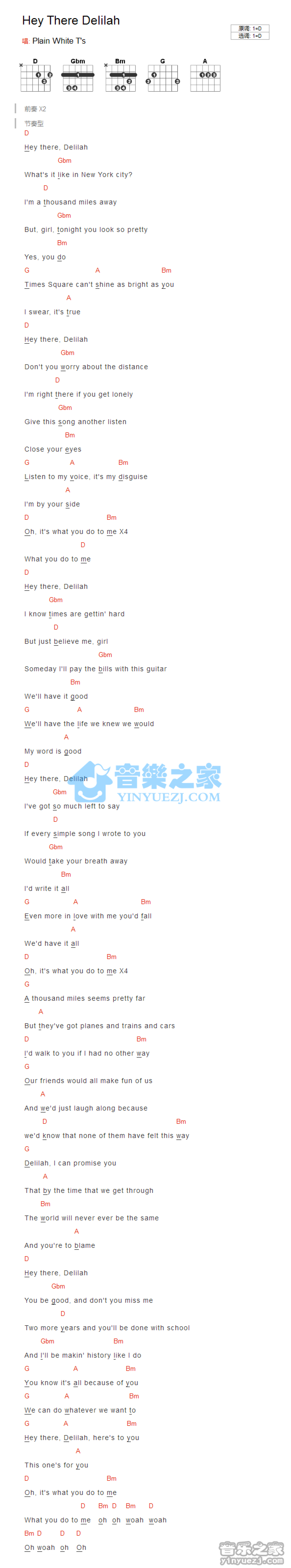 Plain White T's《Hey There Delilah》吉他谱_D调吉他弹唱谱_和弦谱第1张
