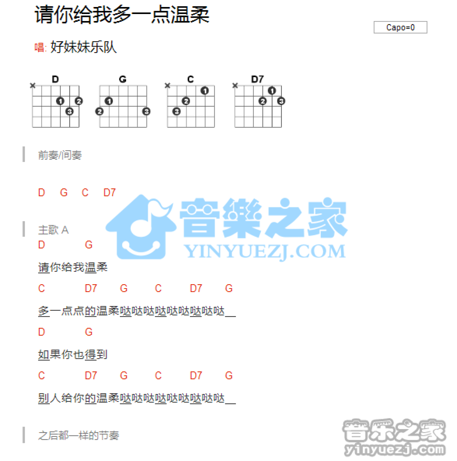 好妹妹《请你给我多一点温柔》吉他谱_D调吉他弹唱谱_和弦谱第1张
