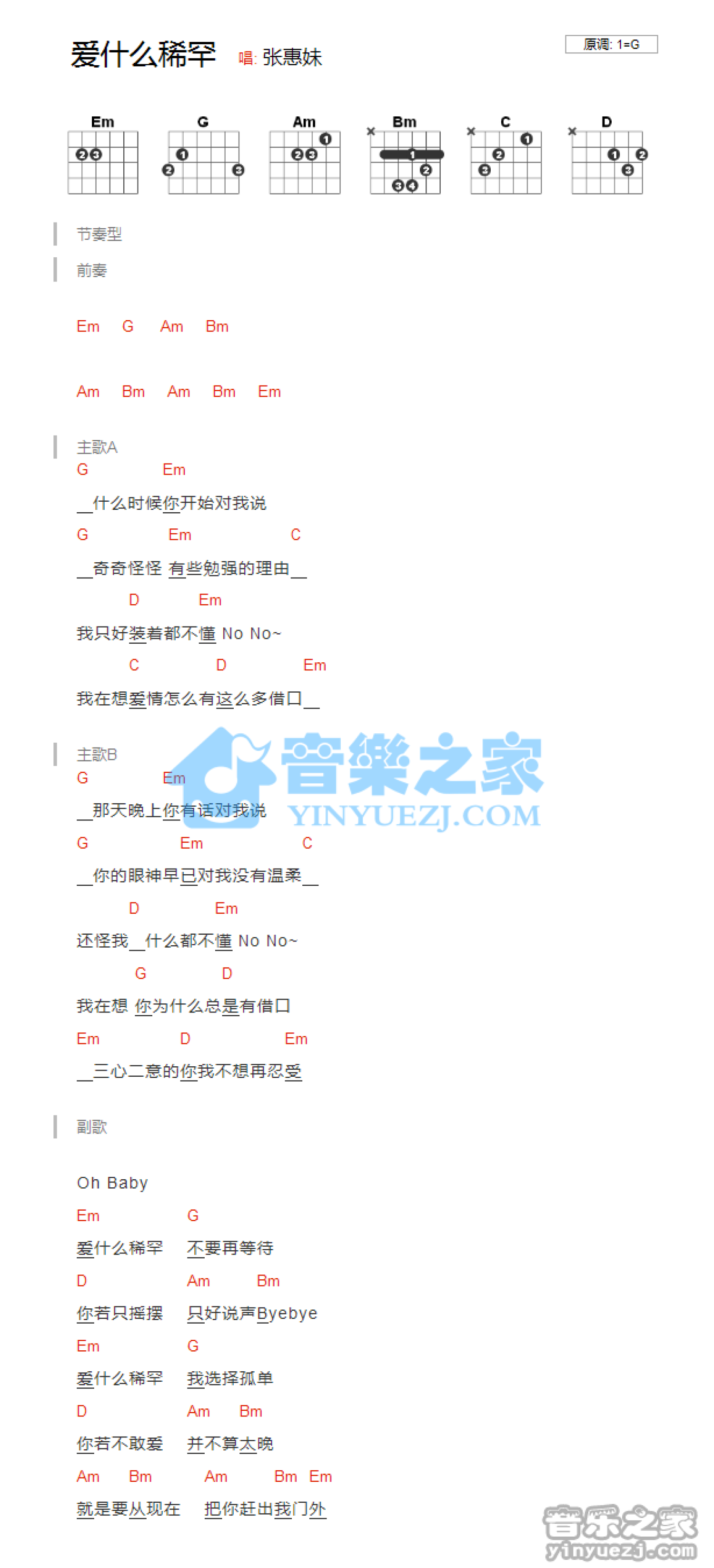张惠妹《爱什么稀罕》吉他谱_G调吉他弹唱谱_和弦谱第1张