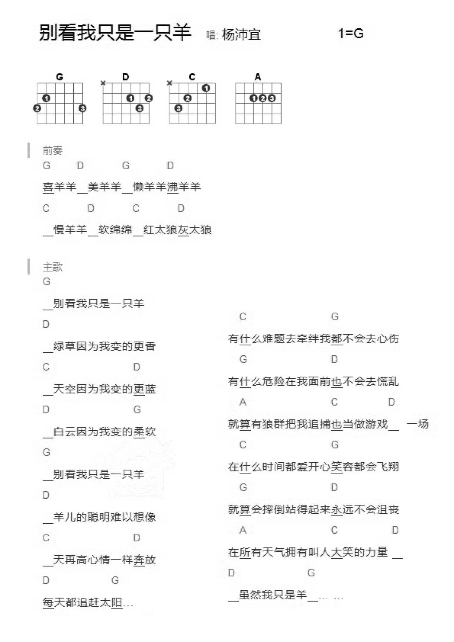 杨沛宜《别看我只是一只羊》吉他谱_G调吉他弹唱谱_和弦谱第1张