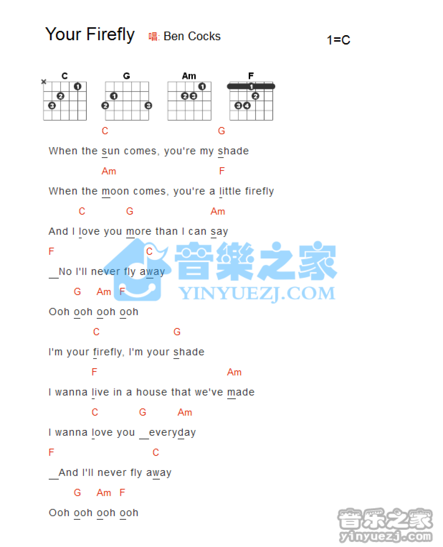 BenCocks《Your Firefly》吉他谱_C调吉他弹唱谱_和弦谱第1张