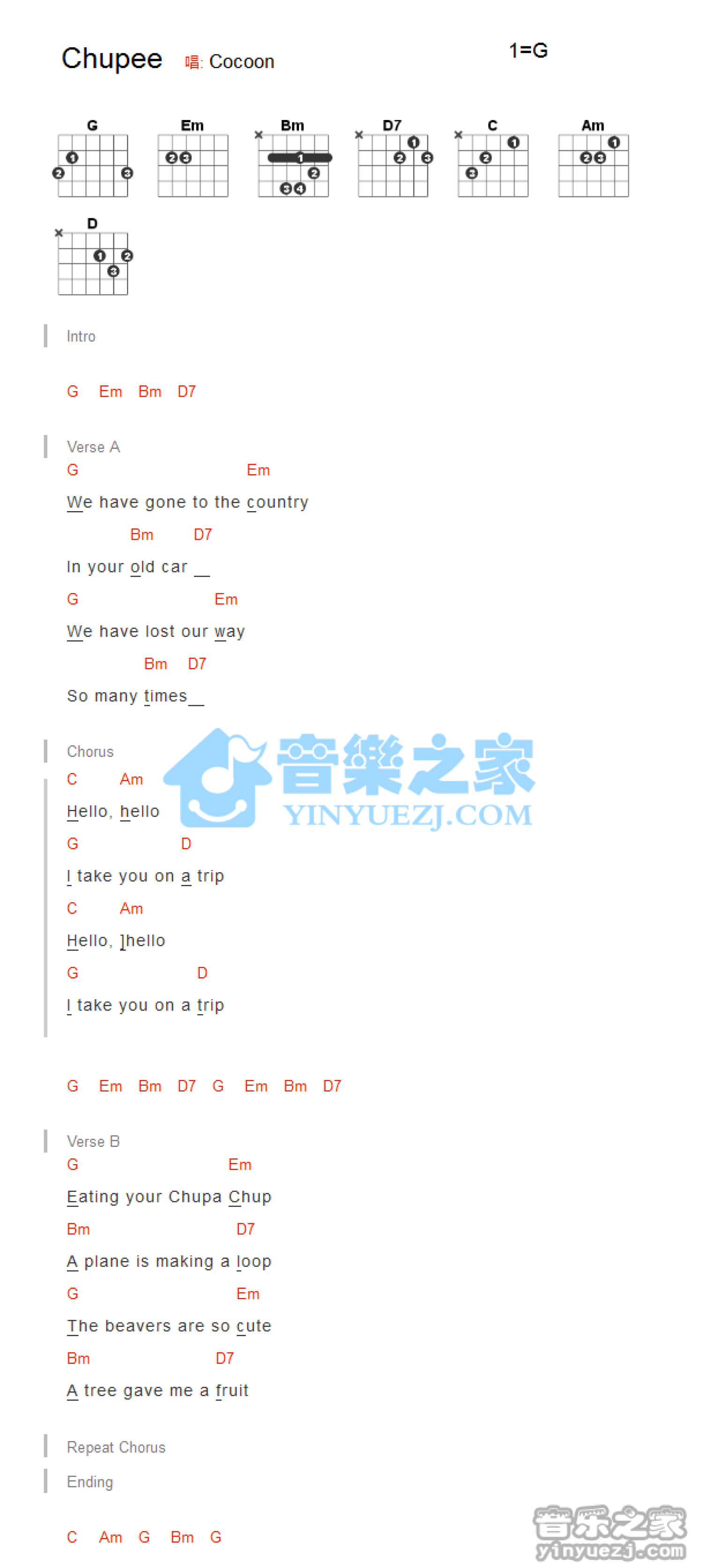 Cocoon《Chupee》吉他谱_G调吉他弹唱谱_和弦谱第1张