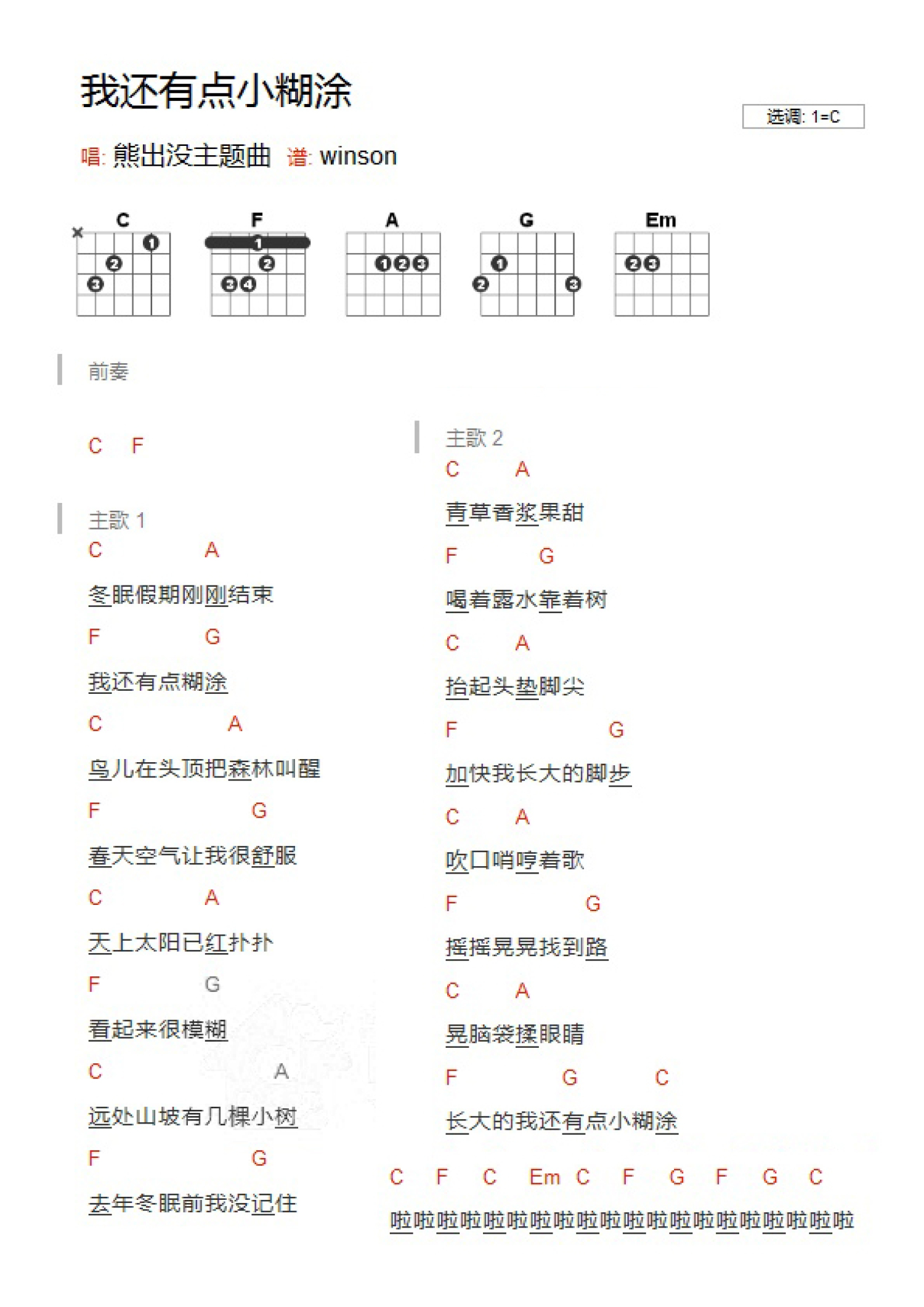 熊出没指弹独奏吉他谱图片