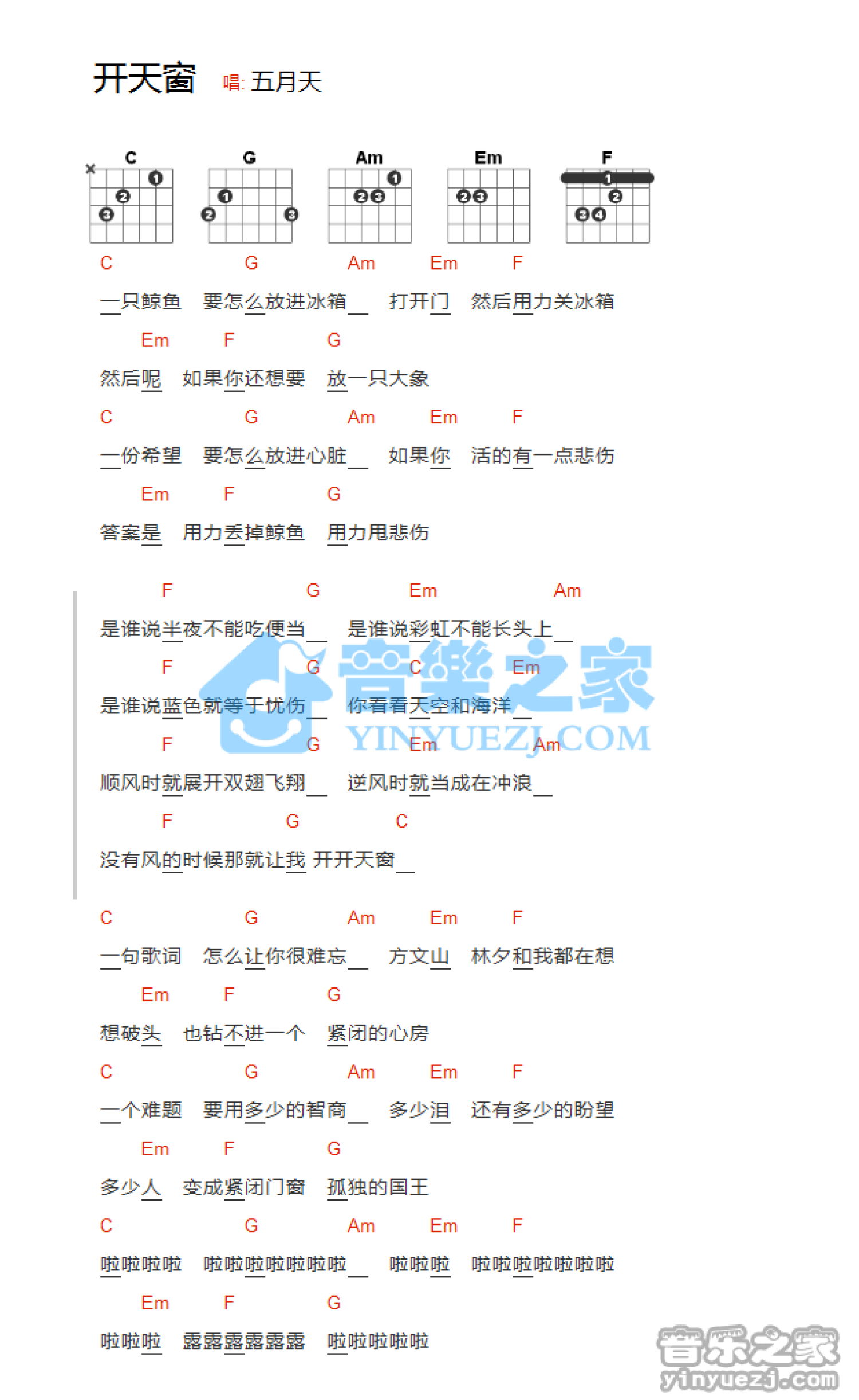 五月天《开天窗》吉他谱_C调吉他弹唱谱_和弦谱第1张