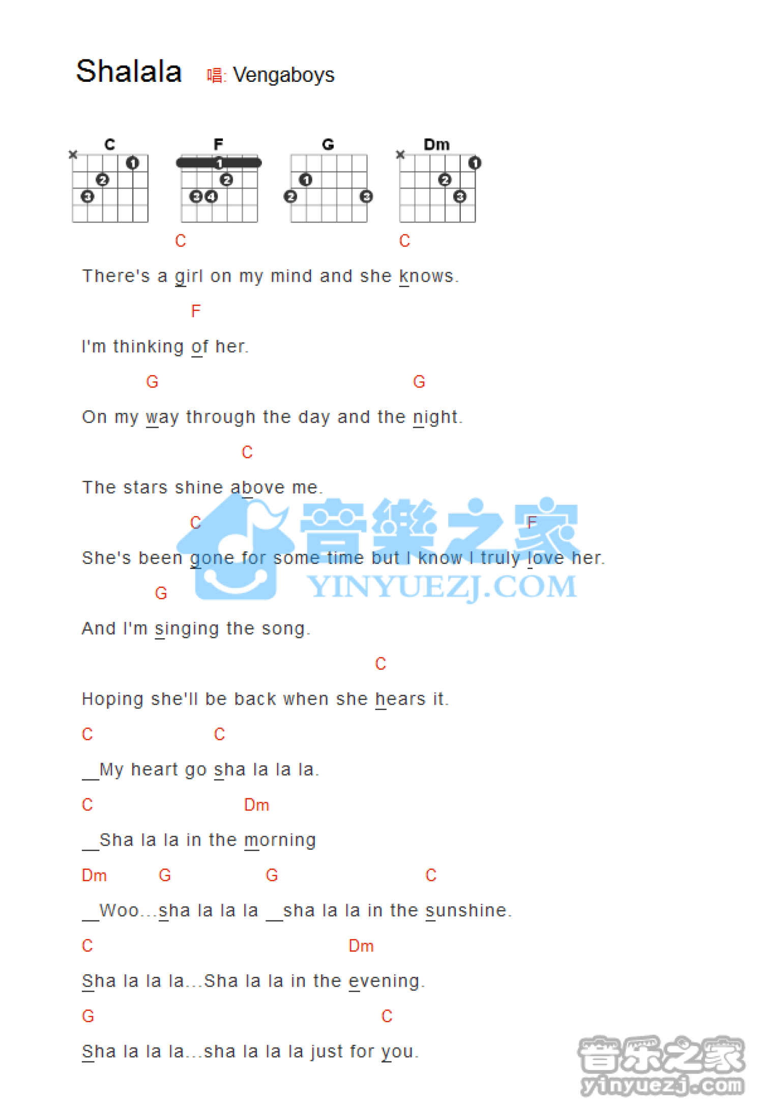 Vengaboys《Shalala》吉他谱_C调吉他弹唱谱_和弦谱第1张