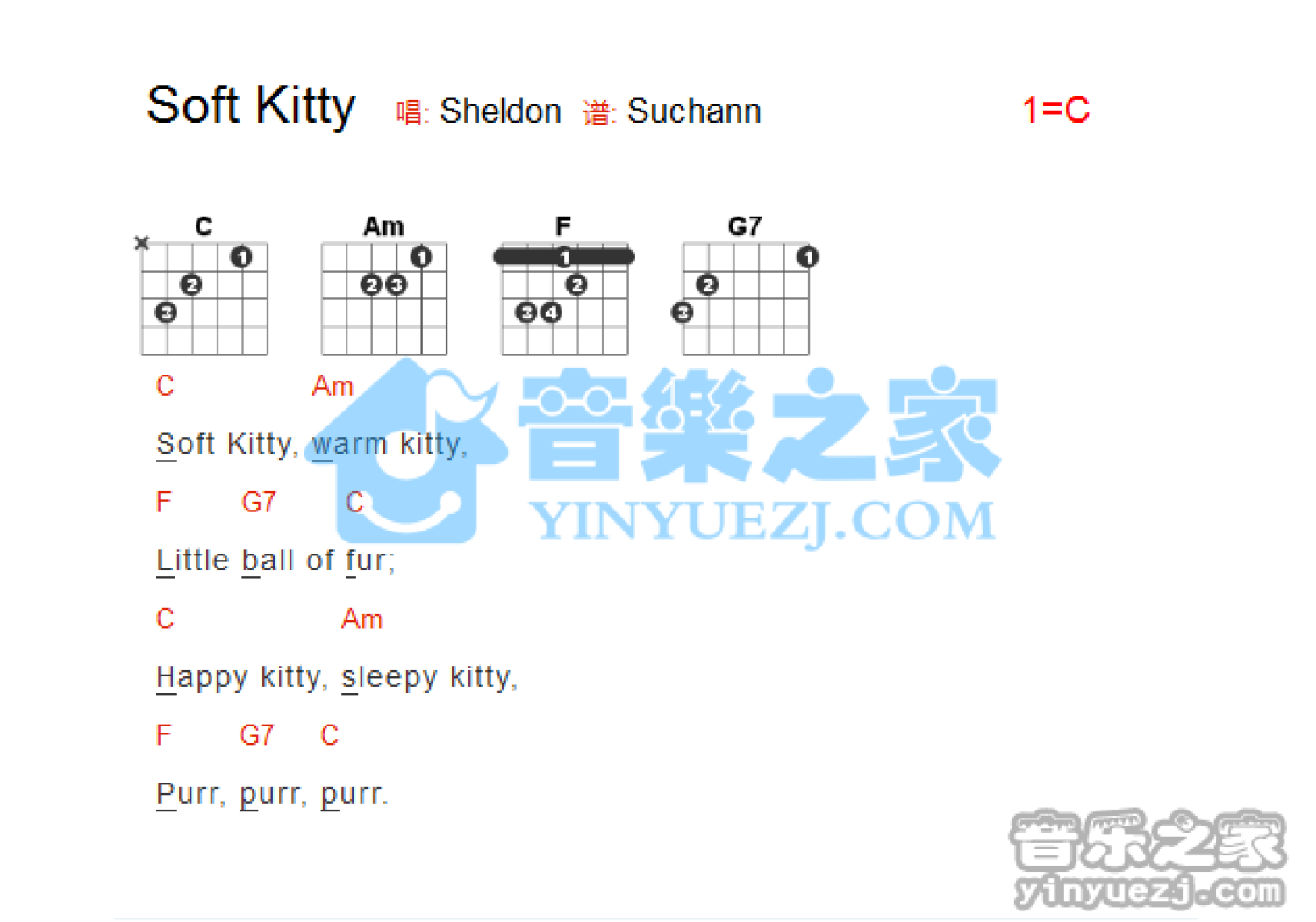 Sheldon《Soft Kitty》吉他谱_C调吉他弹唱谱_和弦谱第1张