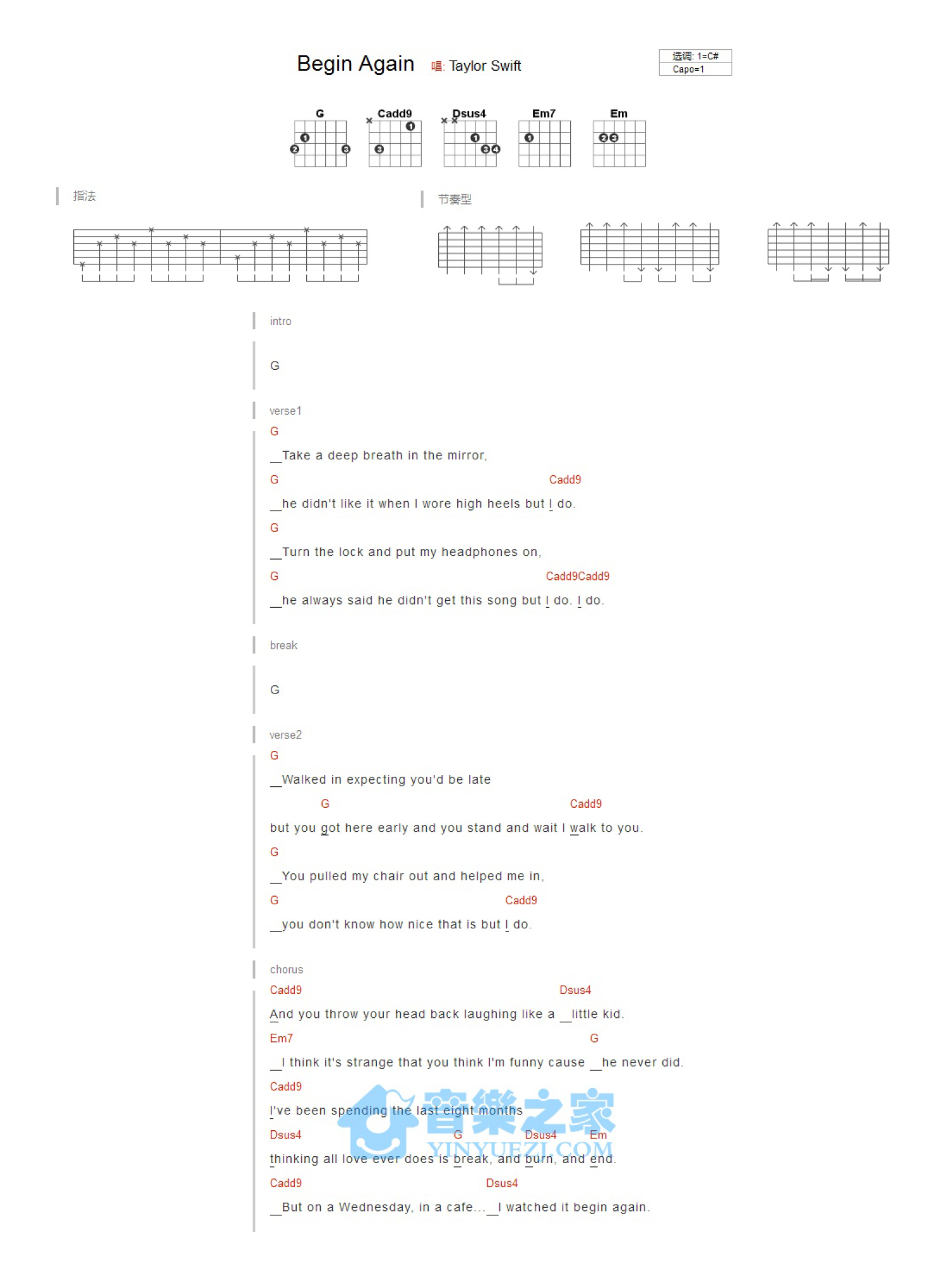 TaylorSwift《Begin Again》吉他谱_C调吉他弹唱谱_和弦谱第1张