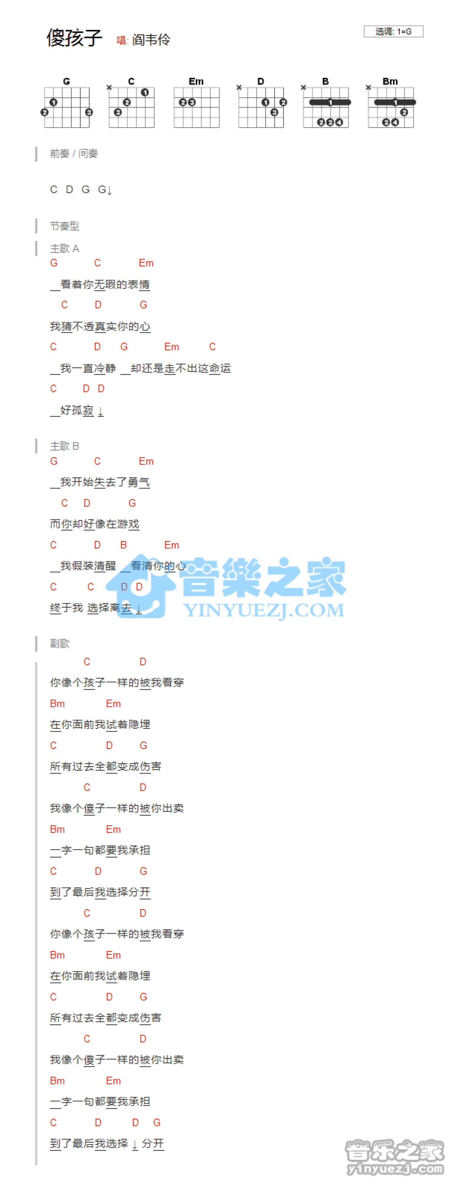 阎韦伶《傻孩子》吉他谱_G调吉他弹唱谱_和弦谱第1张