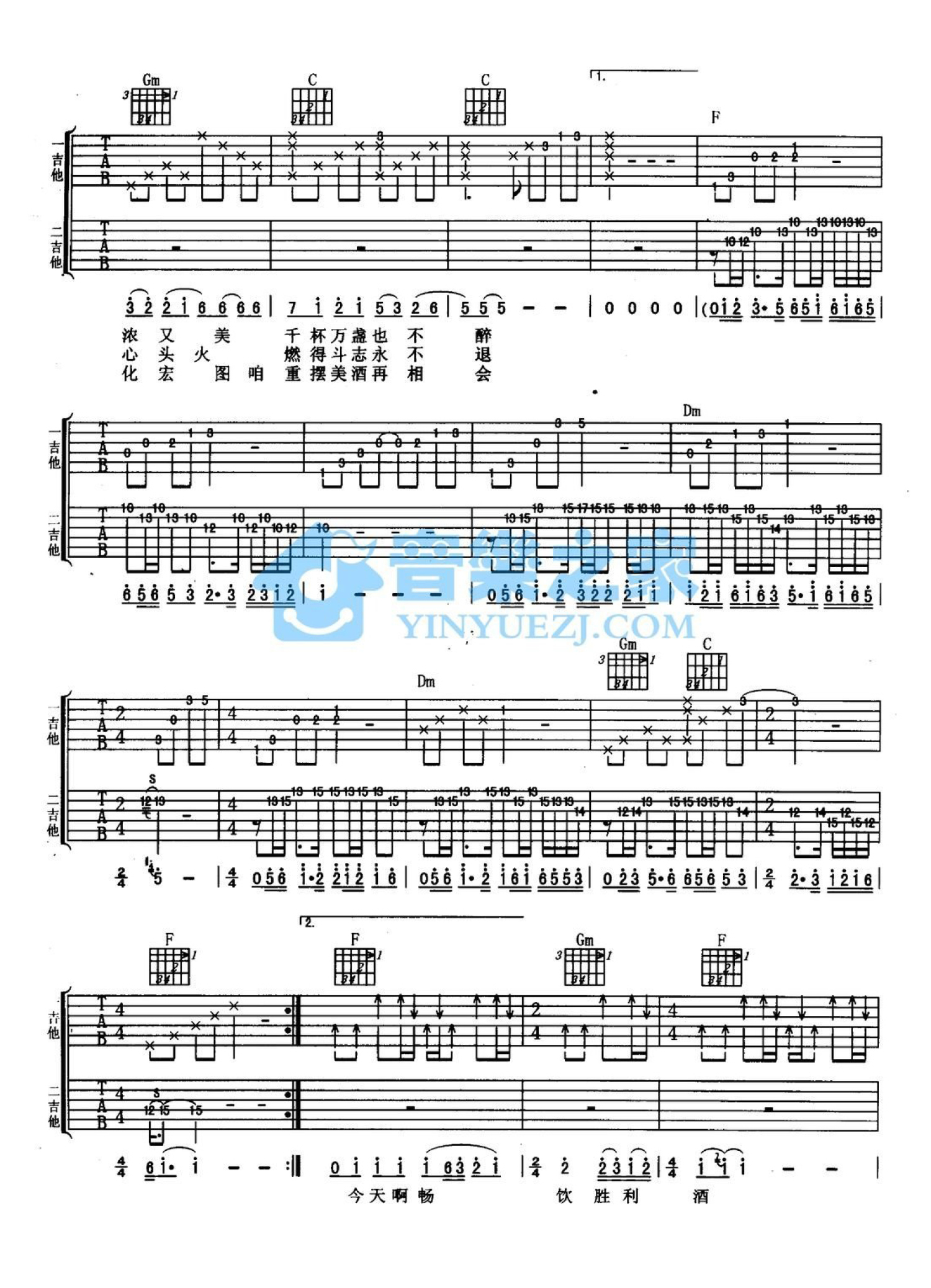 刀郎《祝酒歌》吉他谱_F调吉他弹唱谱_双吉他版第2张