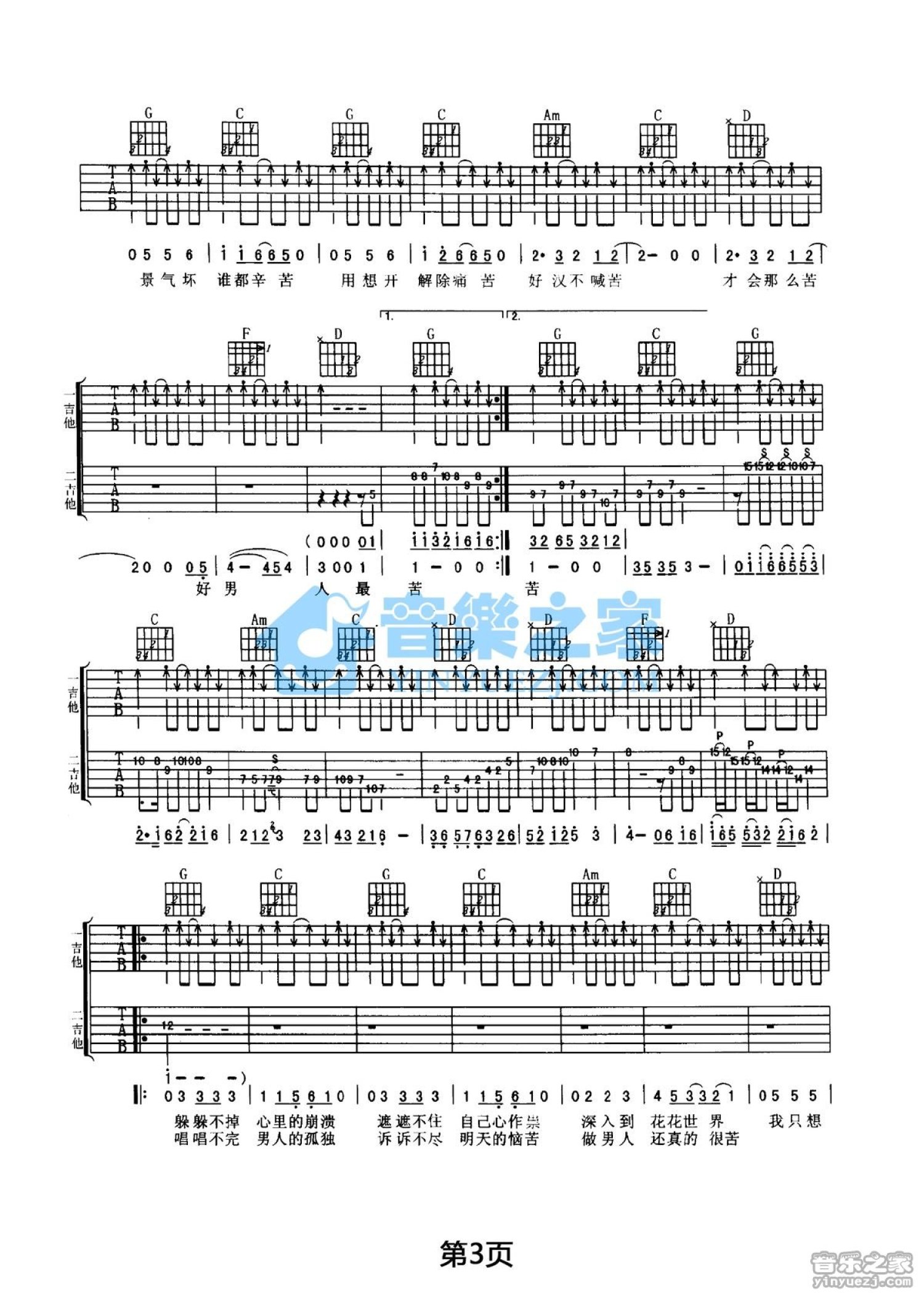 迪克牛仔《男人真命苦》吉他谱_G调吉他弹唱谱_双吉他版第2张