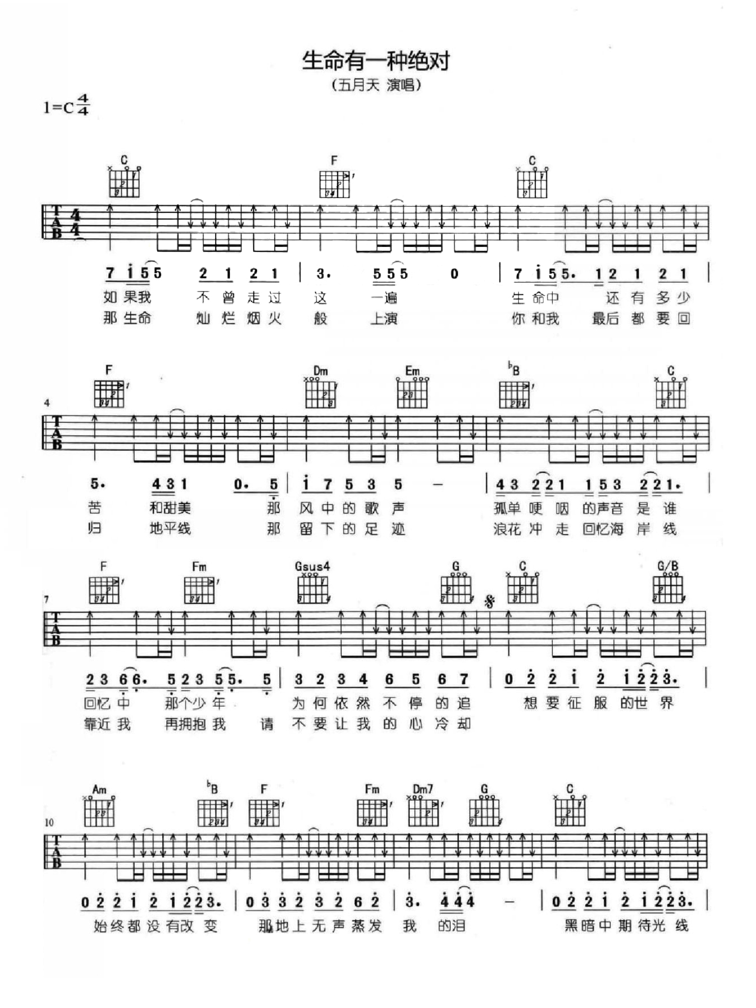 五月天《生命有一种绝对》吉他谱_C调吉他弹唱谱第1张