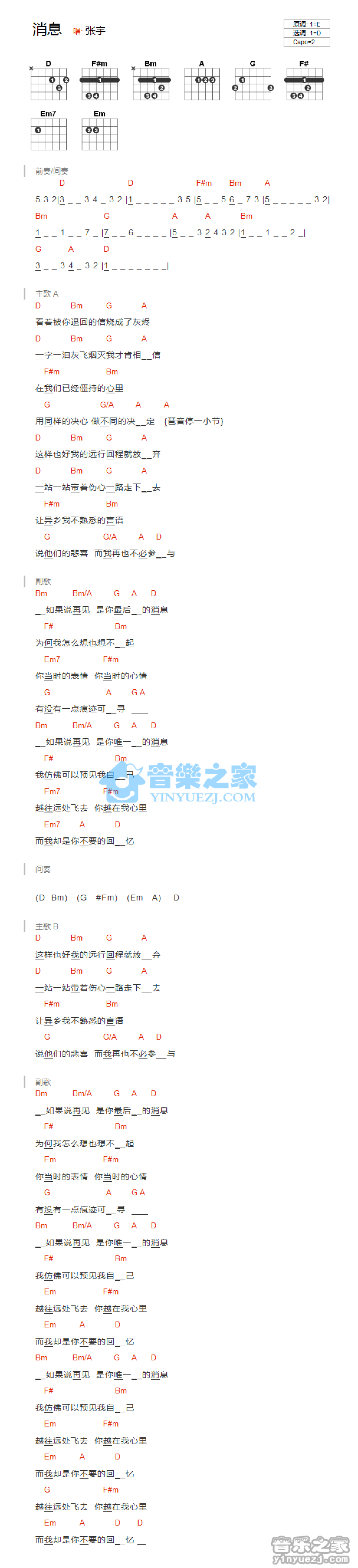 张宇《消息》吉他谱_D调吉他弹唱谱_和弦谱第1张