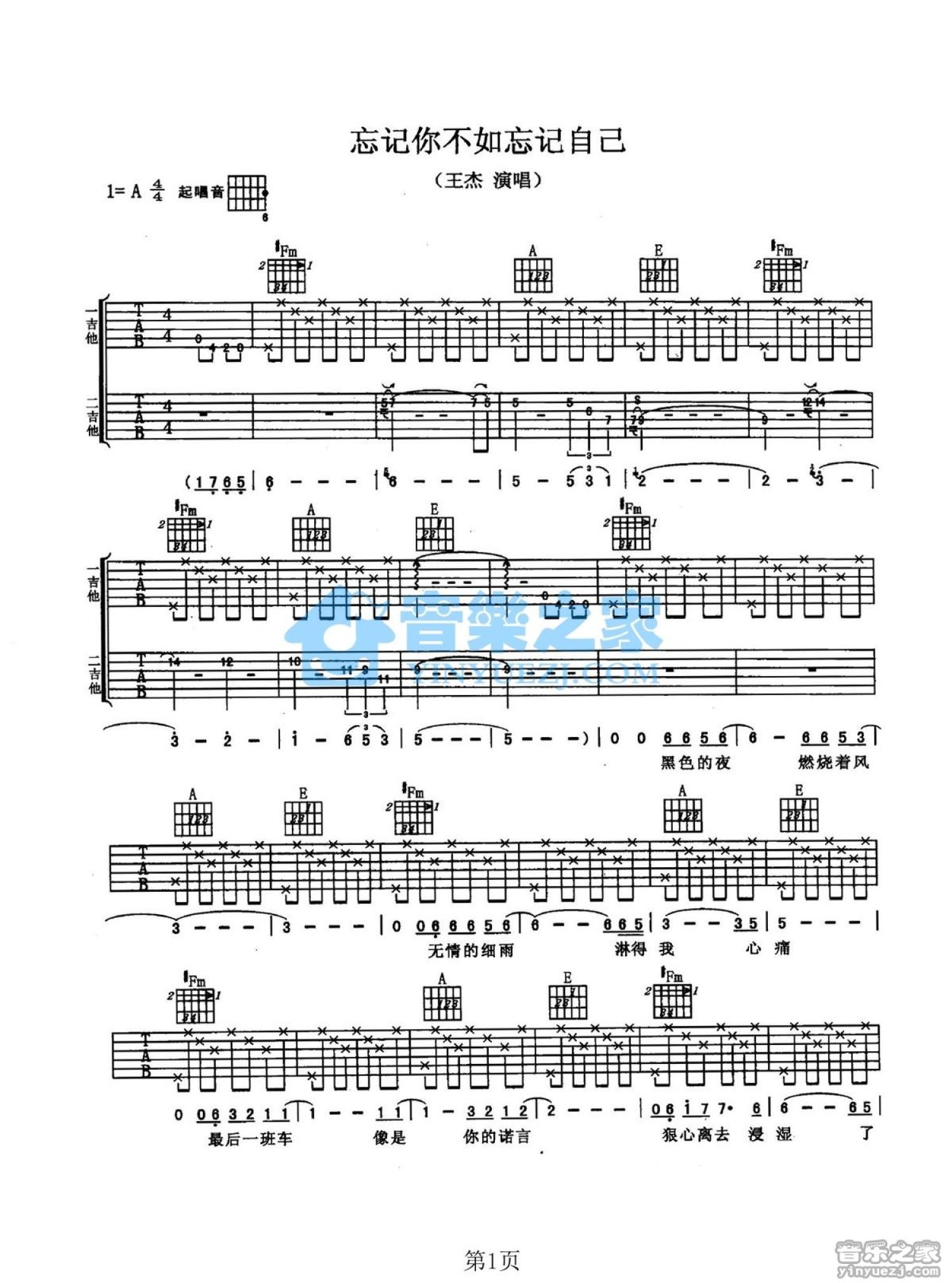 王杰《忘记你不如忘记自己》吉他谱_A调吉他弹唱谱_双吉他原版第1张