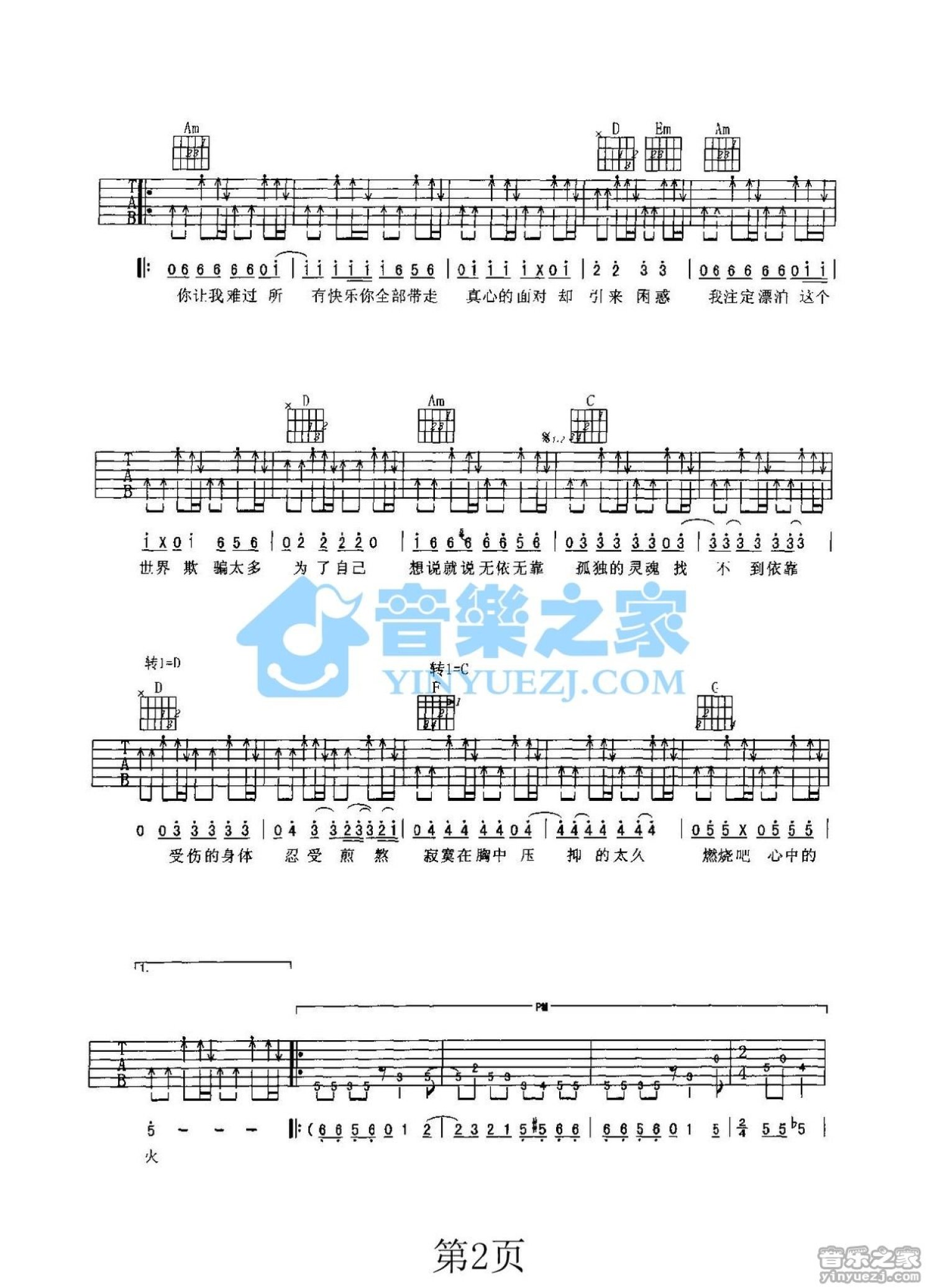 零点乐队《无依无靠》吉他谱_C调吉他弹唱谱_双吉他版第2张