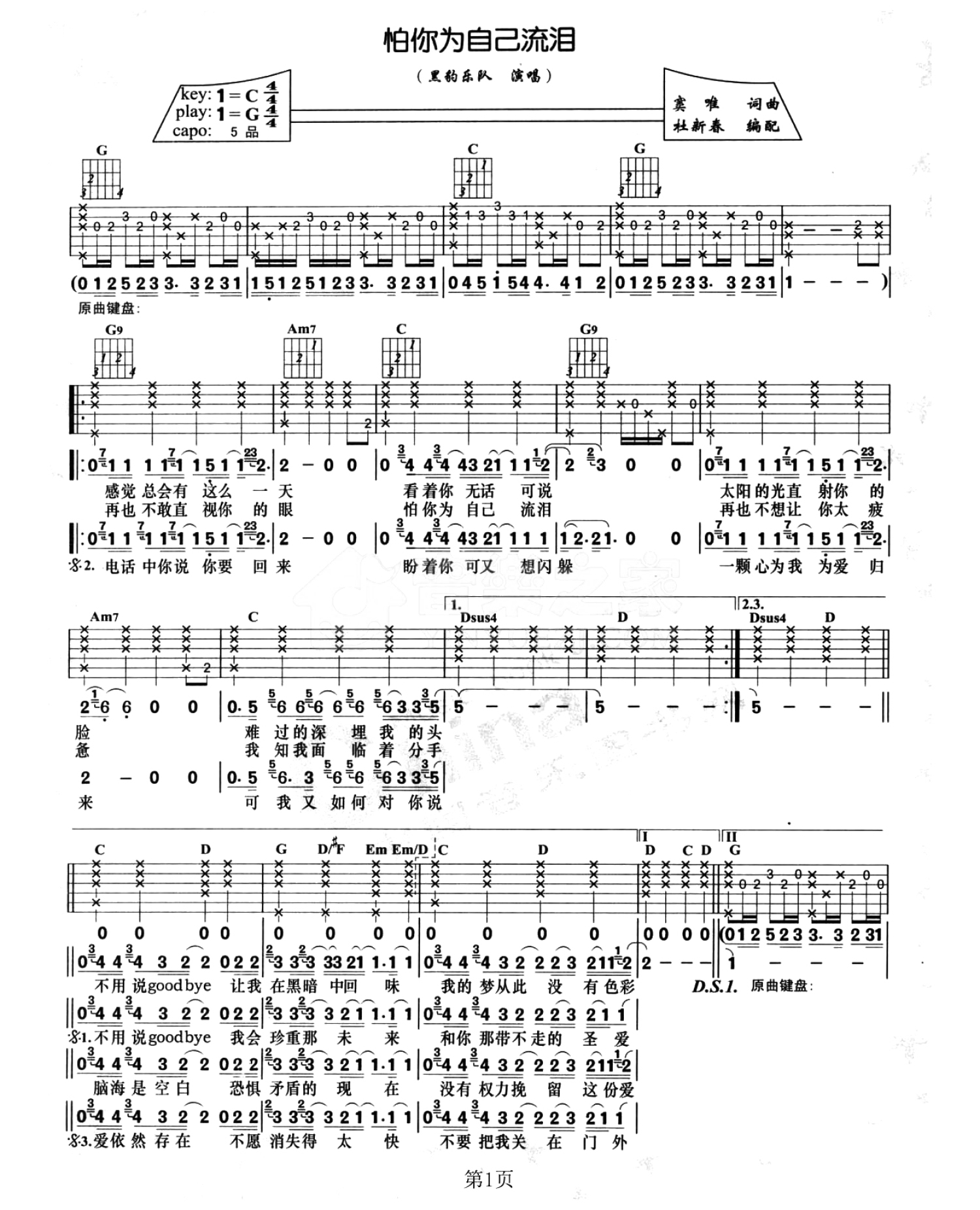 黑豹乐队《怕你为自己流泪》吉他谱_G调吉他弹唱谱第1张