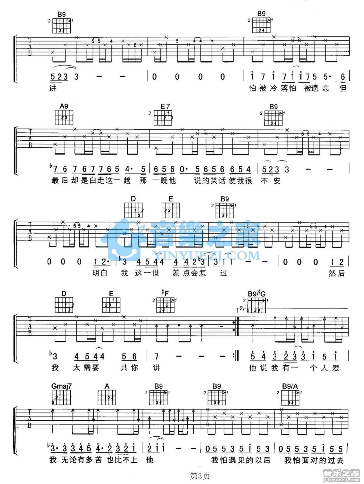 陈奕迅《他一个人》吉他谱_B调吉他弹唱谱第3张