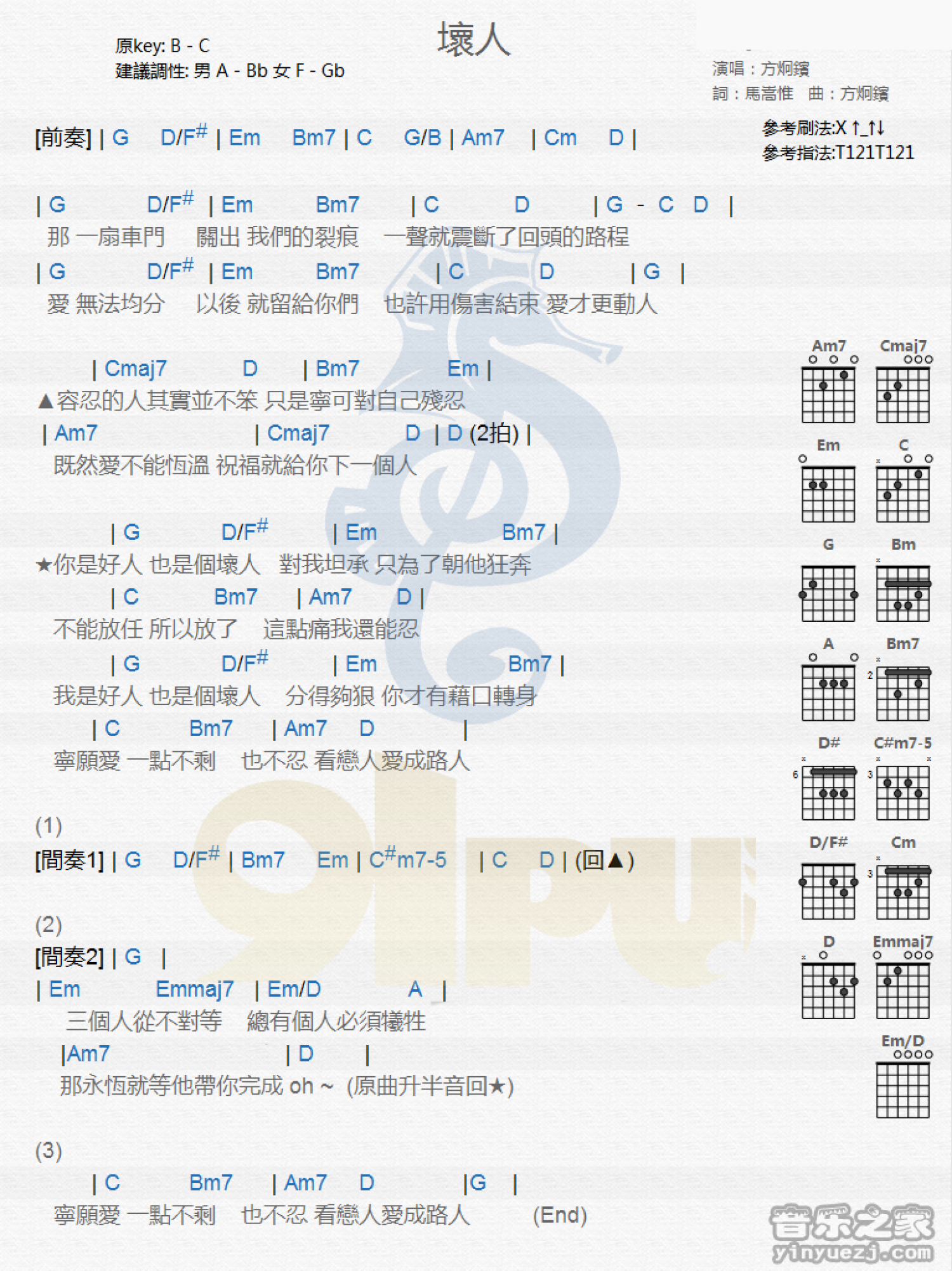 方佟痘《坏人》吉他谱_吉他弹唱谱_和弦谱第1张