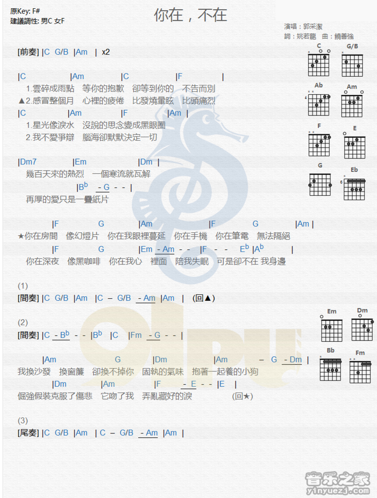 郭采洁《你在不在》吉他谱_吉他弹唱谱_和弦谱第1张