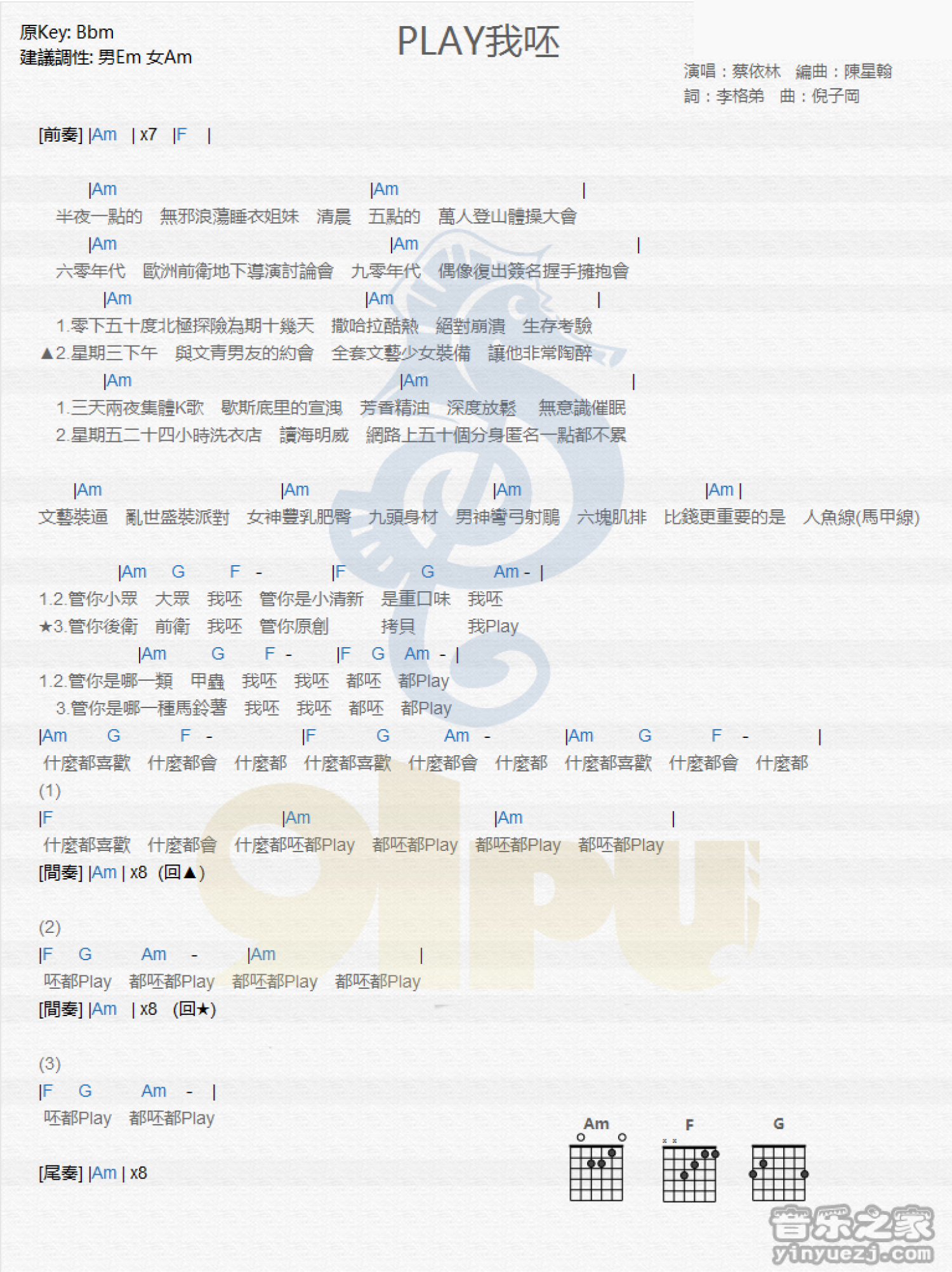 蔡依林《PLAY我呸》吉他谱_吉他弹唱谱_和弦谱第1张